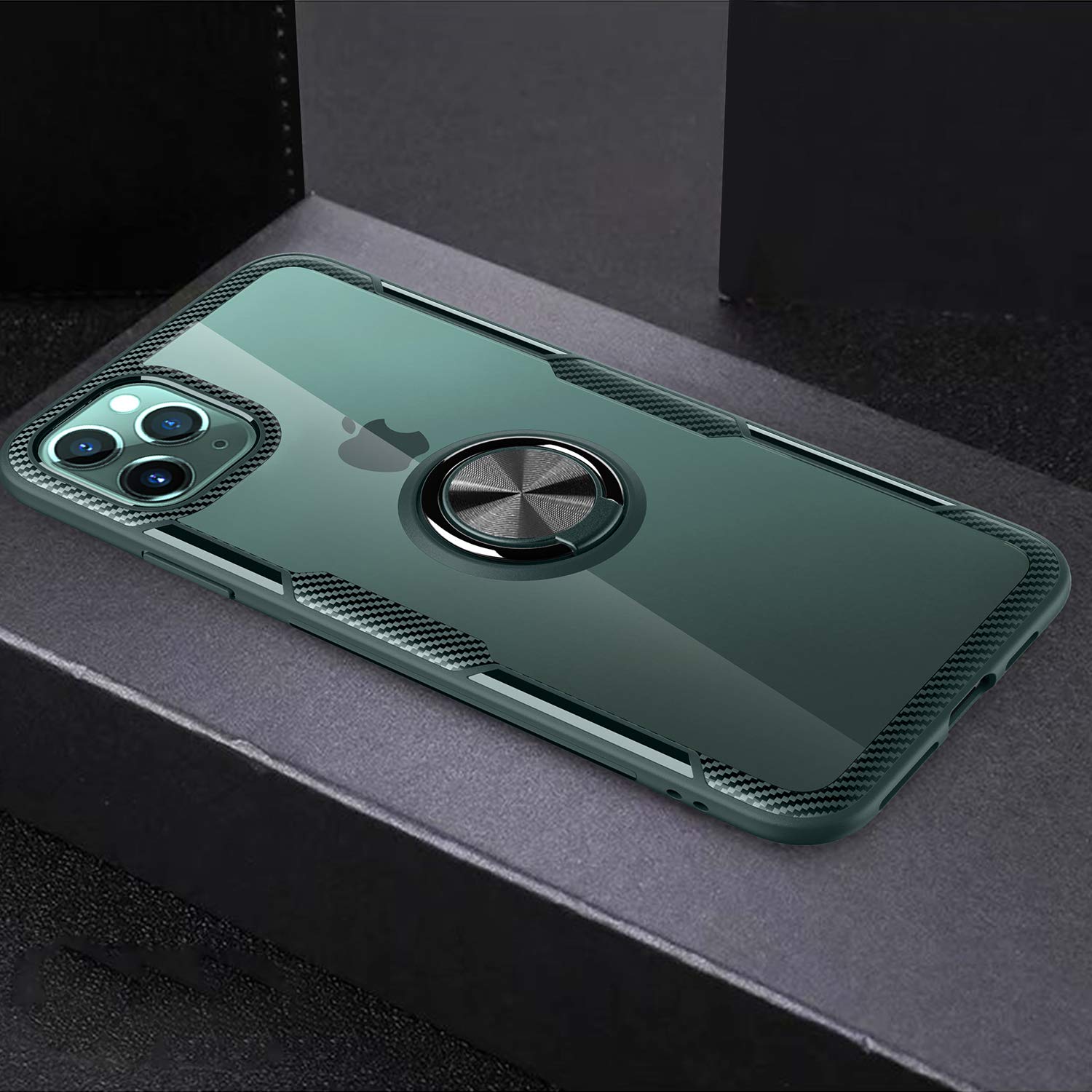 Samsung Galaxy Z Flip 5 Case - Carbon Fiber Clear Crystal Protective Cover with 360° Rotating Ring Holder & Kickstand (Dark Green) - Perfect for Daily Use, Travel & Hands-Free Viewing