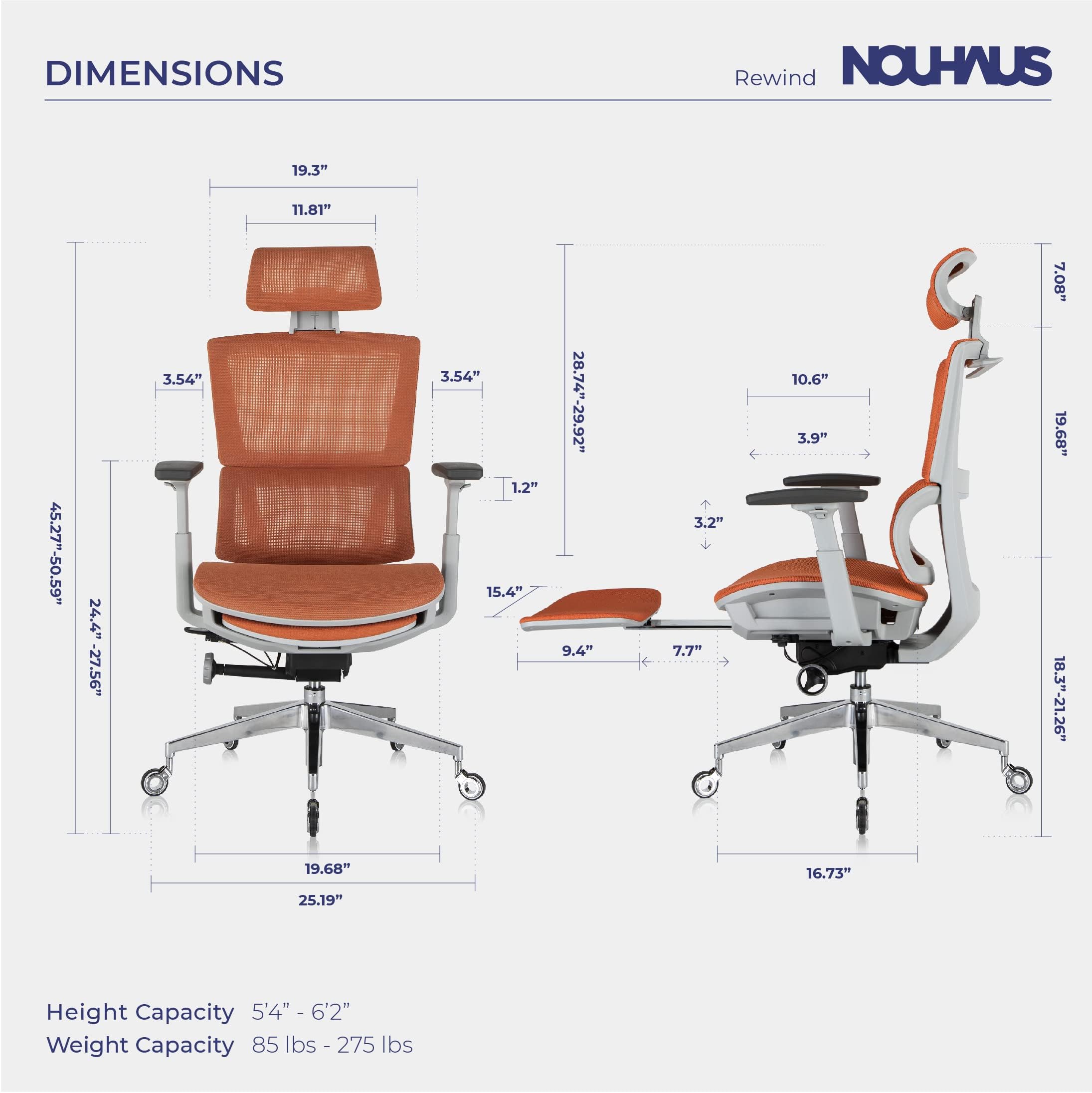 Nouhaus Rewind Ergonomic Office Chair with Adjustable Footrest & Lumbar Support - Mesh High Back Rolling Task Chair for Home Office - Orange - Perfect for Long Work Hours & Gaming Sessions