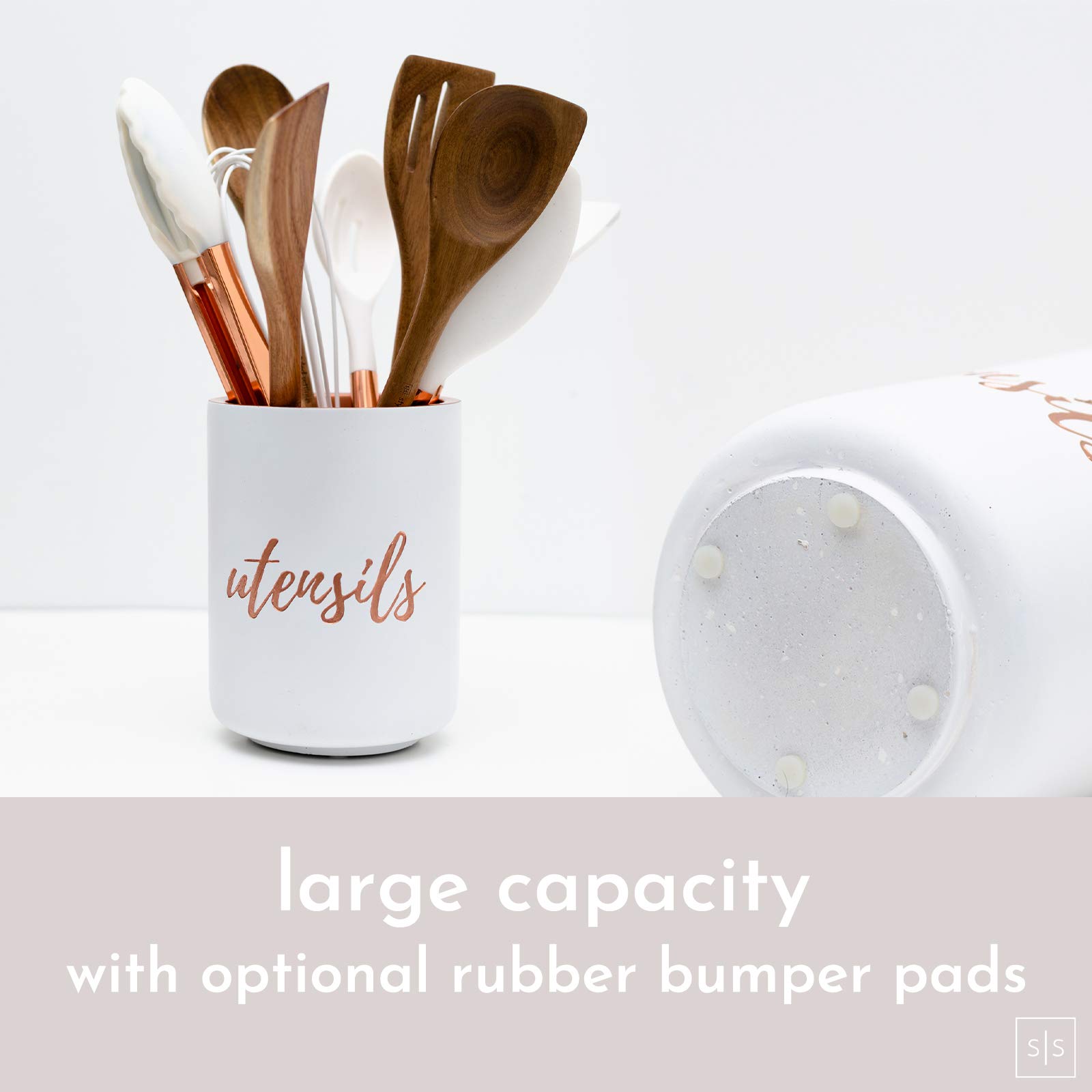 White and Copper Utensil Holder with 8-Piece Measuring Cups & Spoons Set - Elegant Rose Gold Kitchen Organizer for Baking, Cooking, and Countertop Storage | Perfect for Home Chefs and Gift Giving