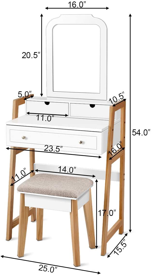 MAT EXPERT Vanity Desk Set with Mirror and Drawers - Chic White Dressing Table with Padded Stool, Makeup & Skincare Organizer, 2-Tier Tabletop & Large Mirror - Perfect for Bedroom, Dressing Room & Makeup Studio