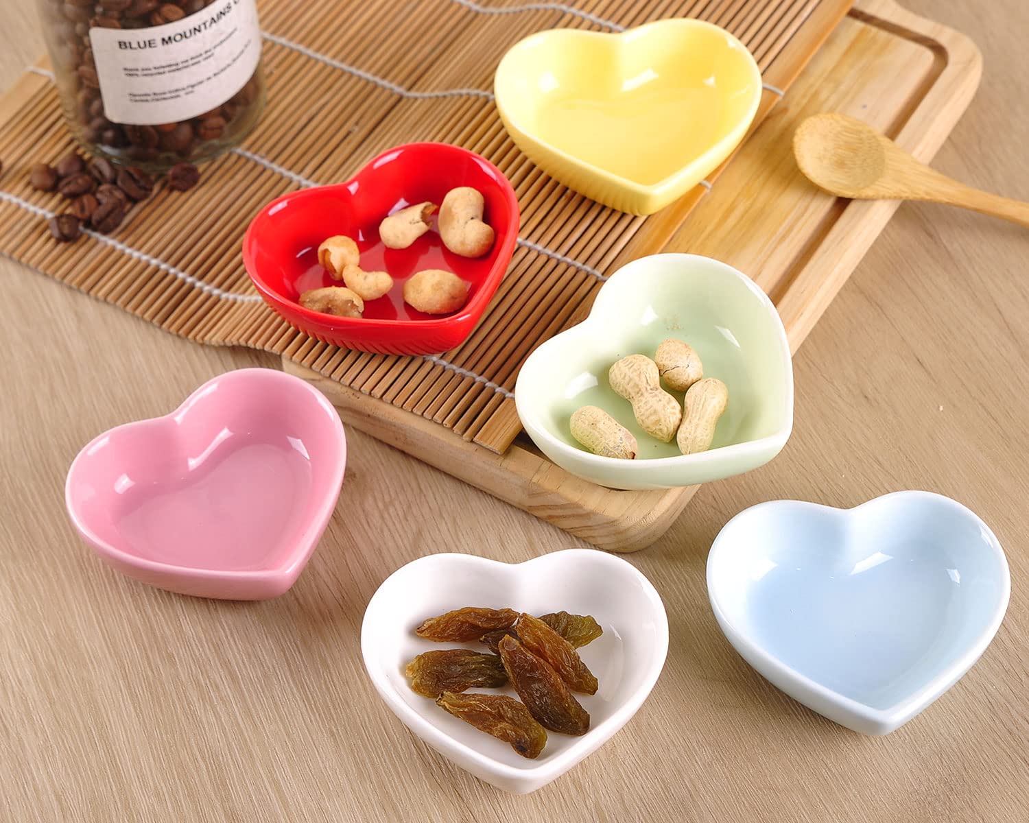 WHJY Yellow Heart-Shaped Ceramic Side Dish Bowls - Set of 6 | Contemporary Porcelain Condiment Dishes for Soy Sauce, Dipping & Seasoning | Perfect for Wedding, Birthday Parties & Home Dining Decor