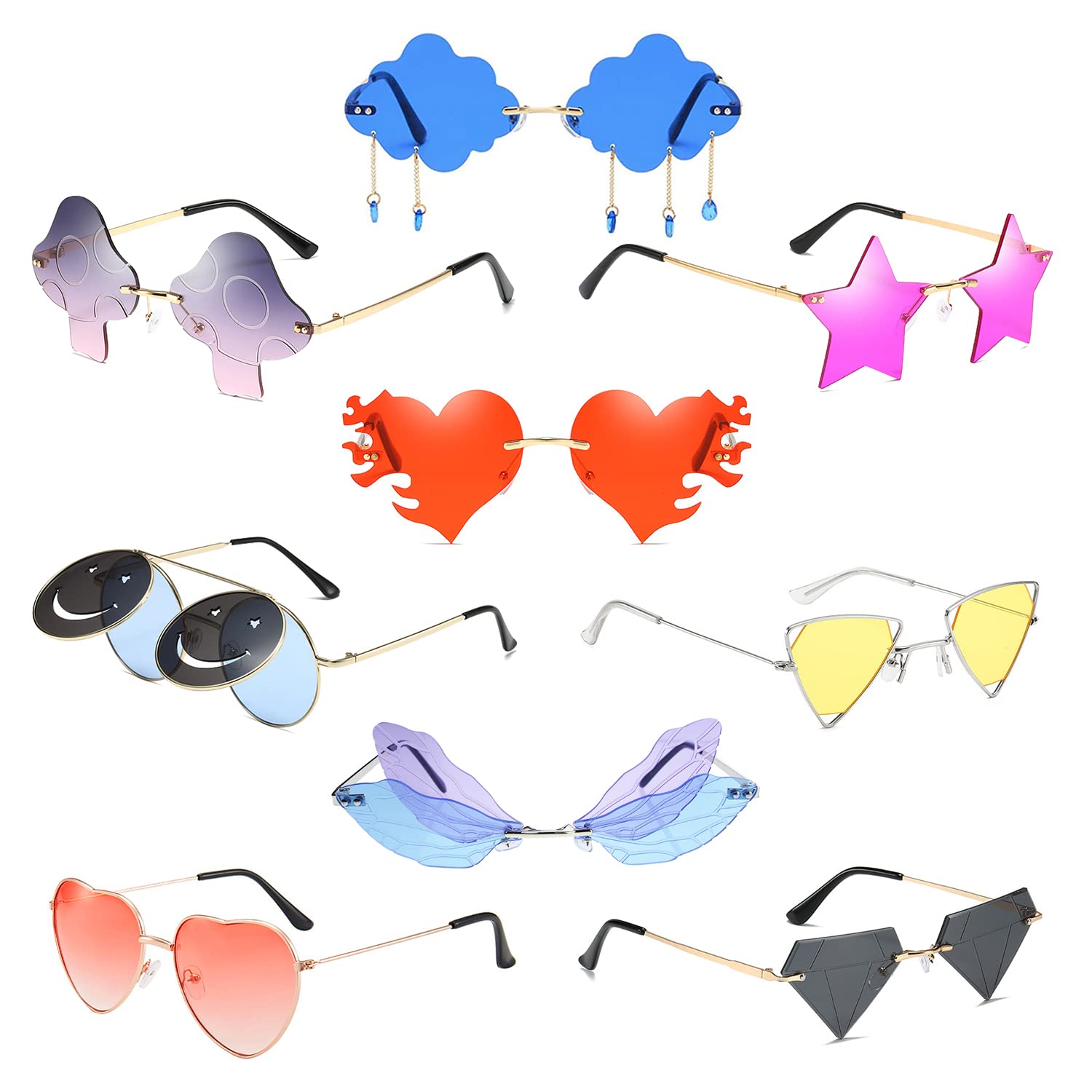 9-Piece Fun Party Sunglasses Set - Heart, Butterfly, Cloud, Rimless, Mushroom & Star Shaped Disco Glasses - Funny Photo Props for Costume Parties, Bachelorette, Halloween & Festival Favors | Perfect for Themed Events, Photo Booths & Social Media