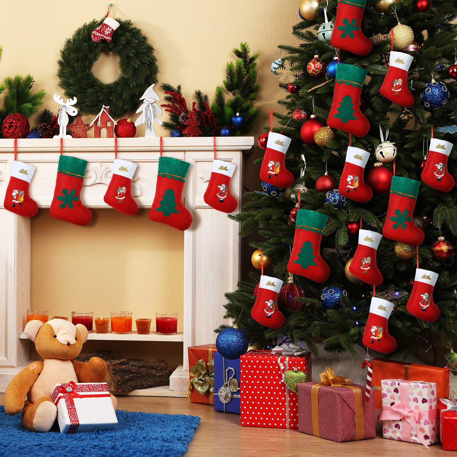 24-Piece Mini Christmas Stocking Set - Red Hanging Socks with Snowflake Design for Xmas Cards, Silverware & Tableware - Perfect for Rustic Christmas Tree Decorations & Holiday Table Settings