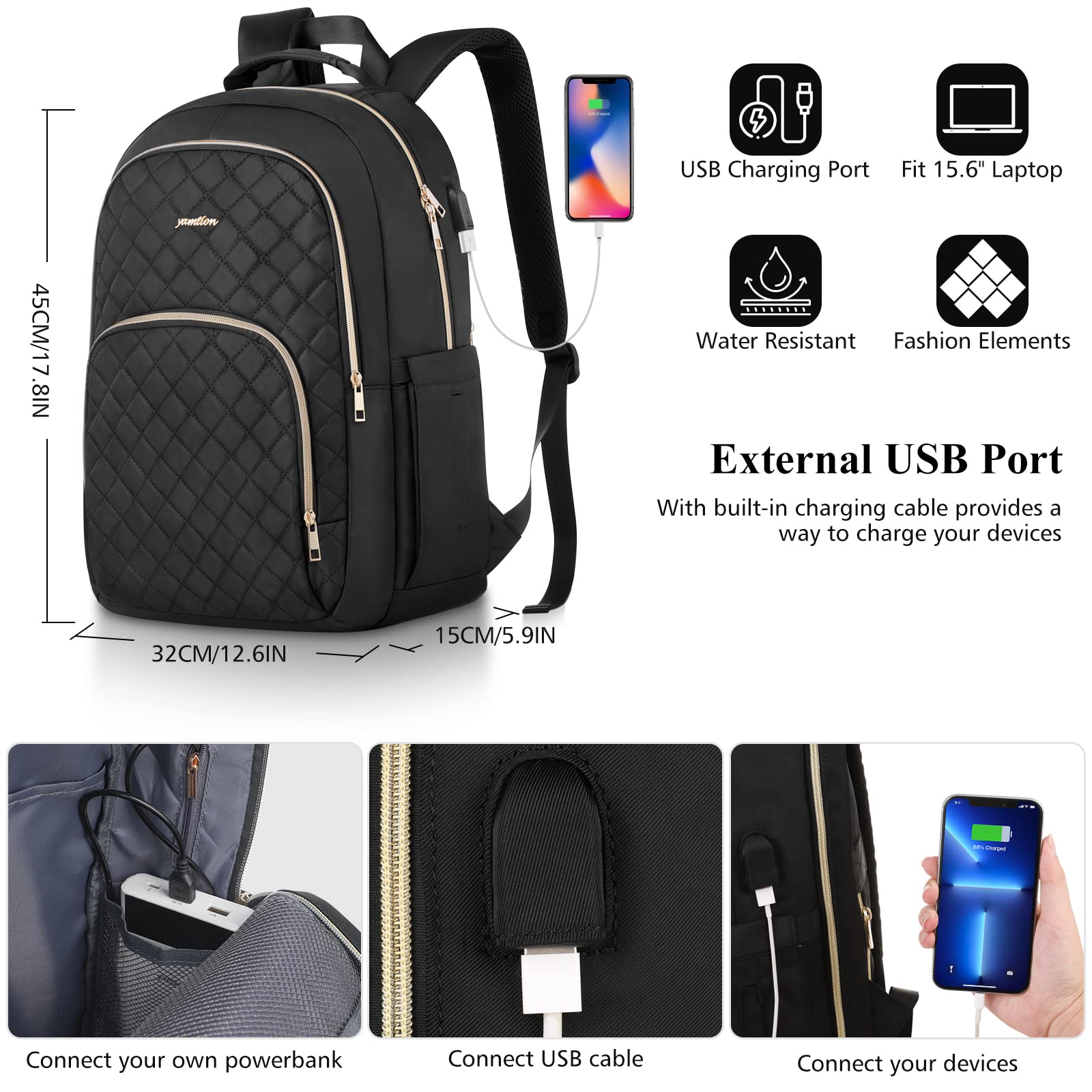 YAMTION Women's Black Backpack with USB Charger - Stylish School Backpack for College, Travel & Work - Perfect for University Students, Office Professionals & Daily Commuters