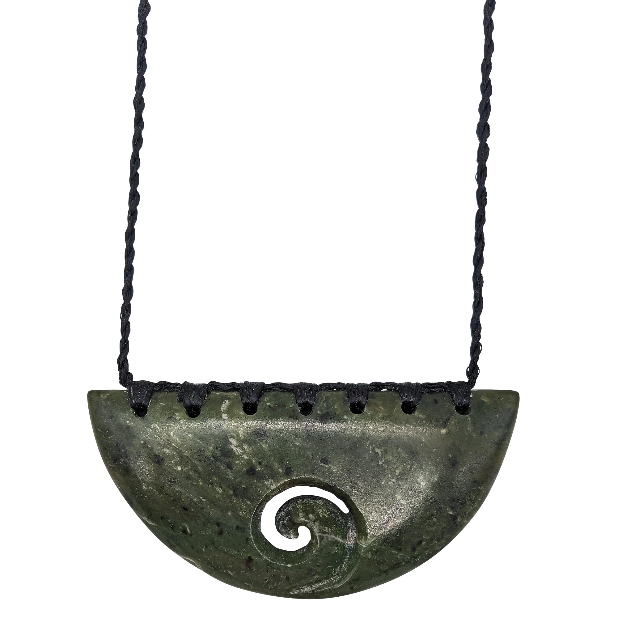 Hand Carved Nephrite Jade Maori Koru Pendant Necklace for Women - Half Circle Breastplate Design with Adjustable Cord - Perfect for Spiritual Healing, Cultural Fashion, and Gift Giving