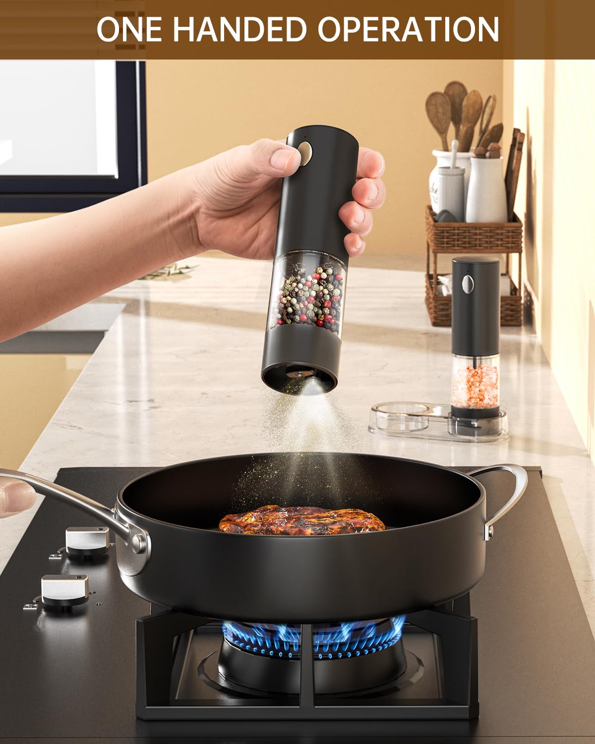 **Rechargeable Electric Salt and Pepper Grinder Set with Adjustable Coarseness & LED Light - 95ml Washable Container, Black - Perfect for Kitchen, Dining & Gourmet Cooking**