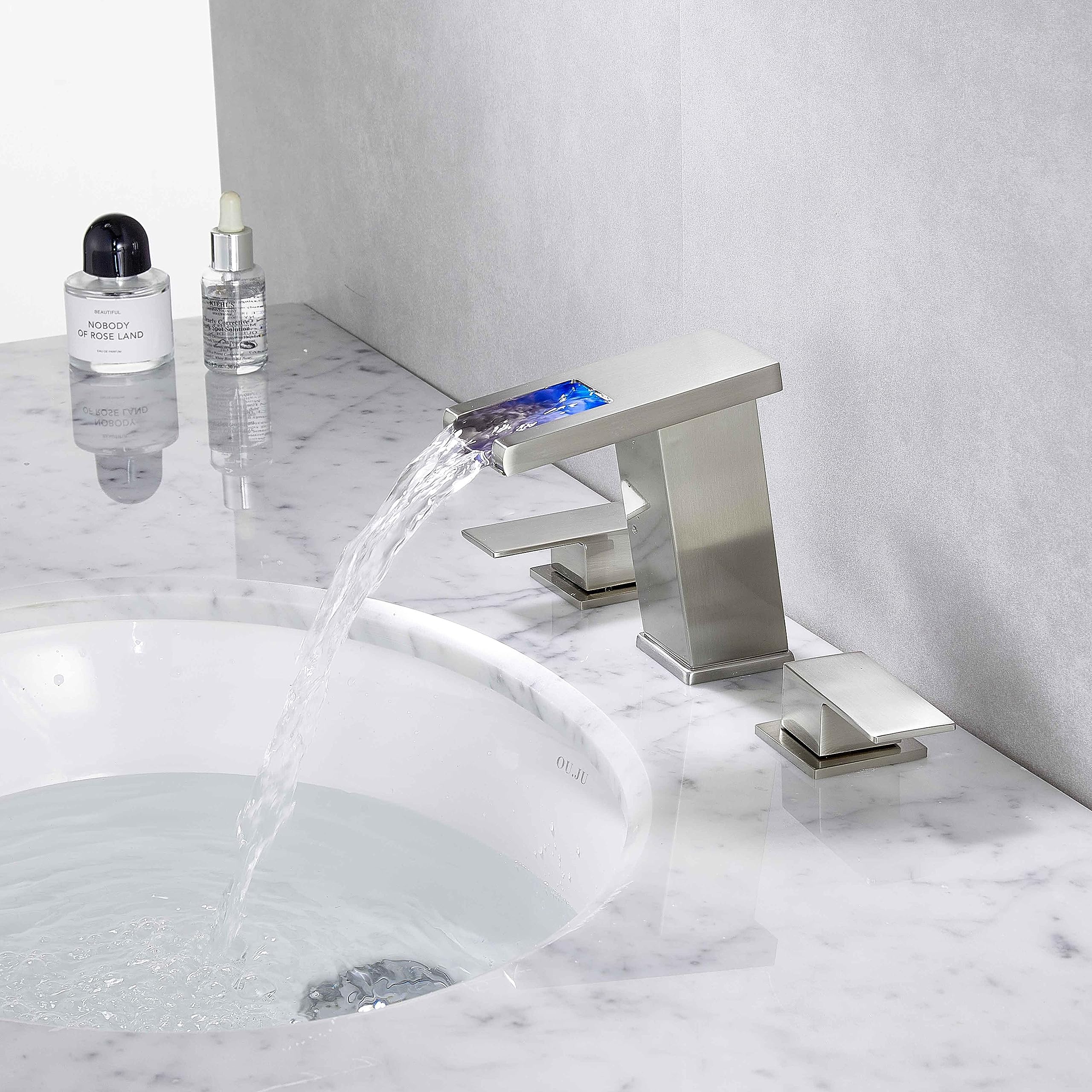 8 Inch Brushed Nickel LED Light Widespread Bathroom Faucet - Modern Waterfall Vanity Sink Faucet with Pop-Up Drain & Supply Hose - Perfect for Bathroom Renovation & Luxury Home Decor