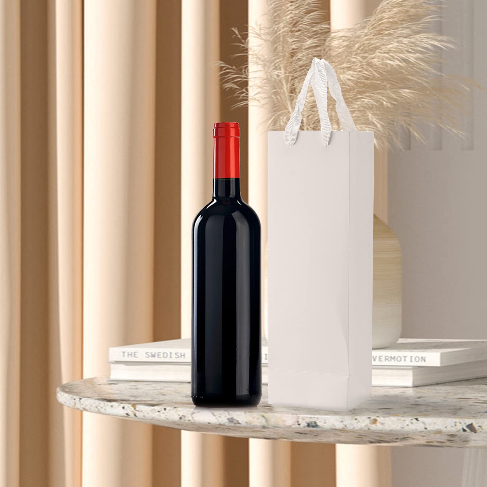 SEUNMUK 30 Pack 13.8x4.3x3.5 Inch White Wine Bottle Gift Bags - 250 GSM Thick Sturdy Paper Wine Bags with Handles - Elegant Wedding Party Retail Shopping Gift Packaging for Champagne, Liquor & Spirits