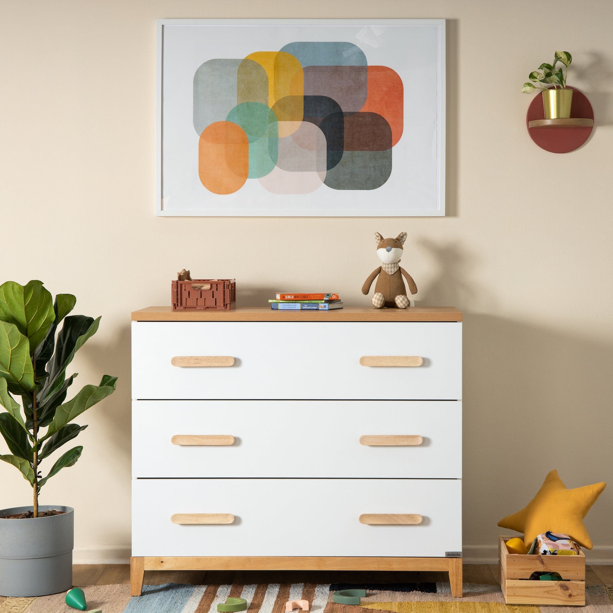 Dadada Lala 3-Drawer Kids Dresser - White & Red Oak Wooden Storage Organizer for Nursery, Bedroom, or Playroom