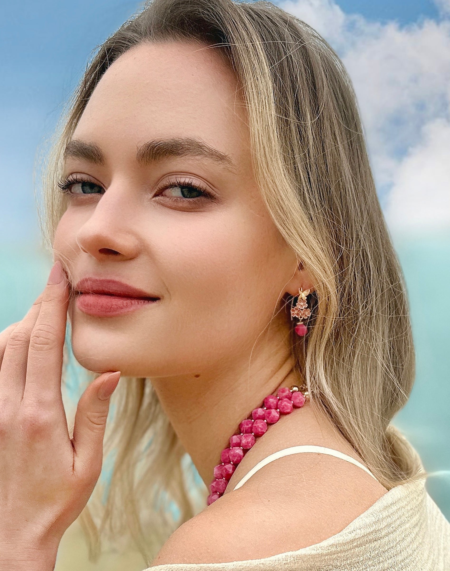 Pink Gemstone Dangle Earrings - Glazed Flower Design LE002 | Elegant Jewelry for Women, Perfect for Weddings, Parties & Special Occasions
