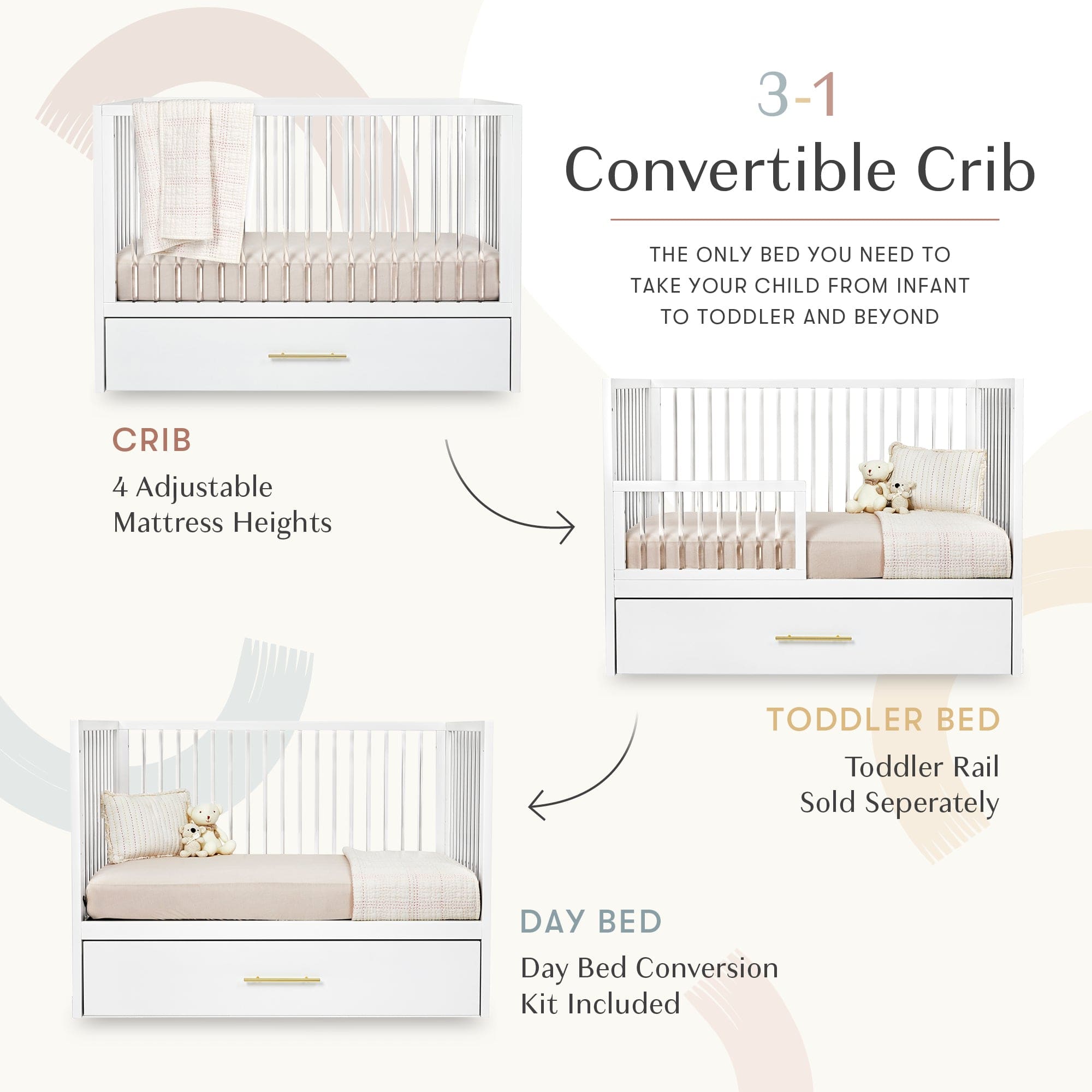 Hush Crib with Trundle - Gold Handle Baby Bed for Nursery - Perfect for Newborns, Toddlers & Small Spaces