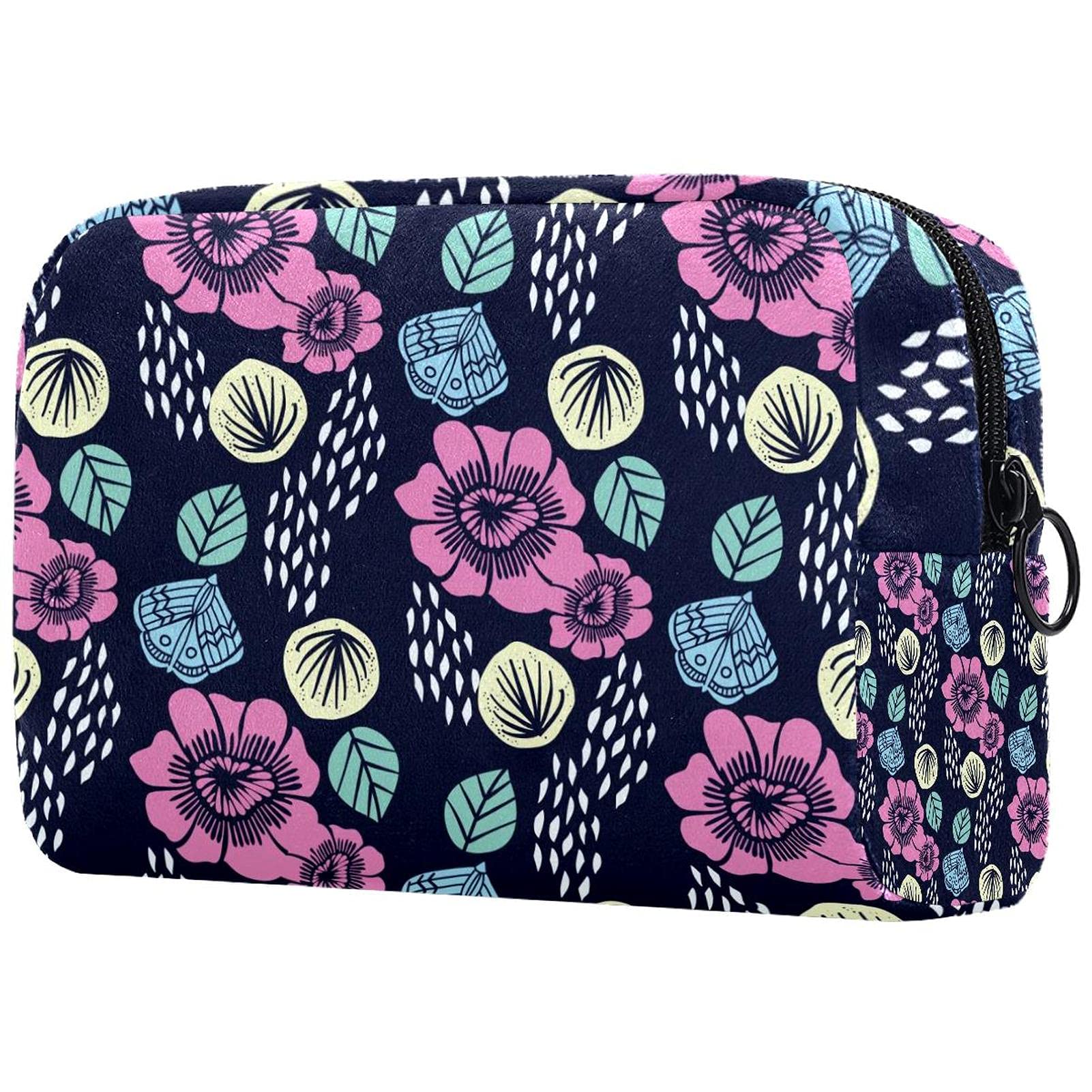 Large Travel Makeup Bag with Zipper - Pink Blue Green Floral Pattern Cosmetic Organizer for Women & Girls | Portable Makeup Case for Travel, Gym, Work & Daily Use