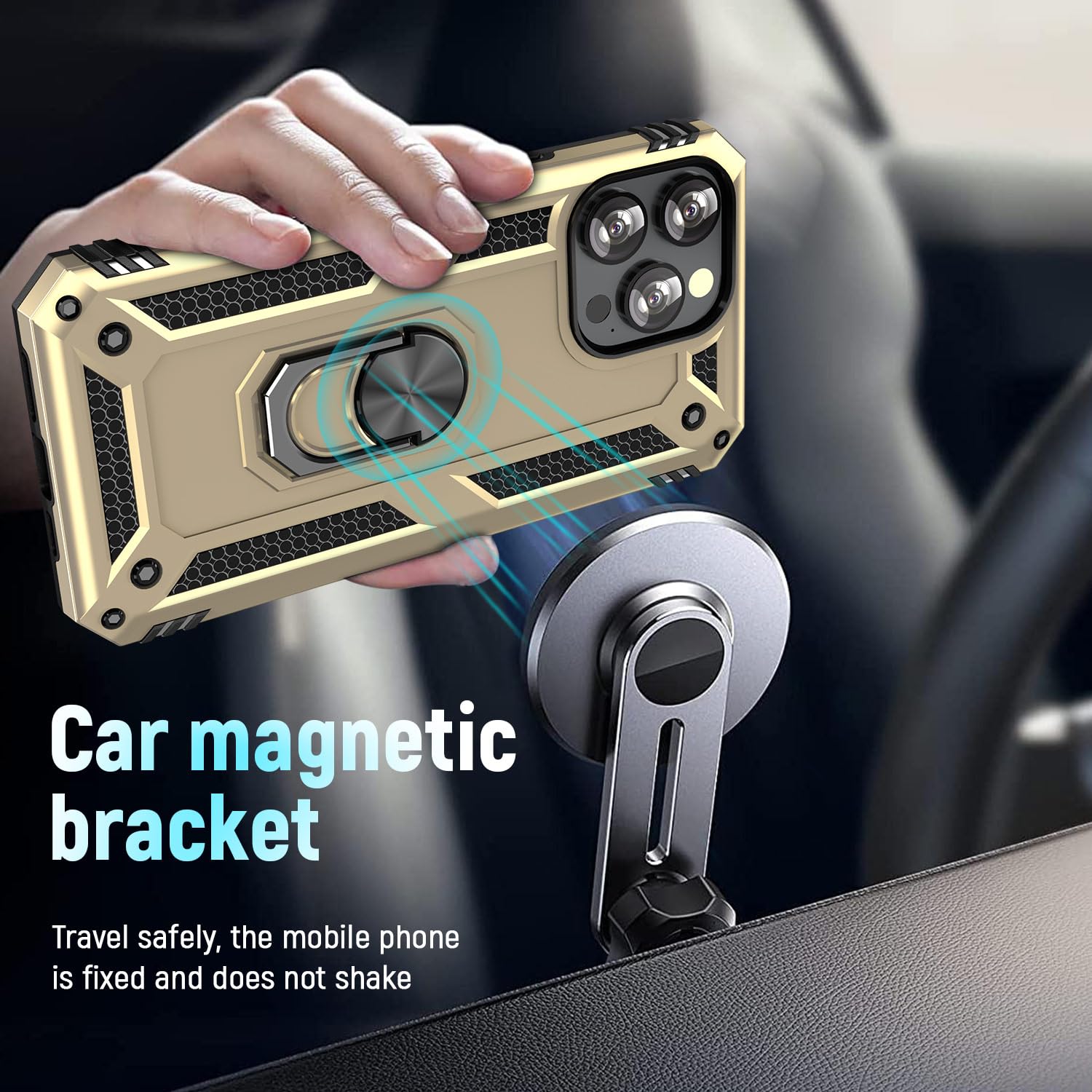 Military Grade Shockproof iPhone 12/12 Pro Case with Ring Stand & Kickstand - 6.1 Inch Protective Cover, Anti-Scratch Bumper for iPhone 12 & 12 Pro (Gold) | Perfect for Car Mounting, Hands-Free Viewing & Outdoor Activities
