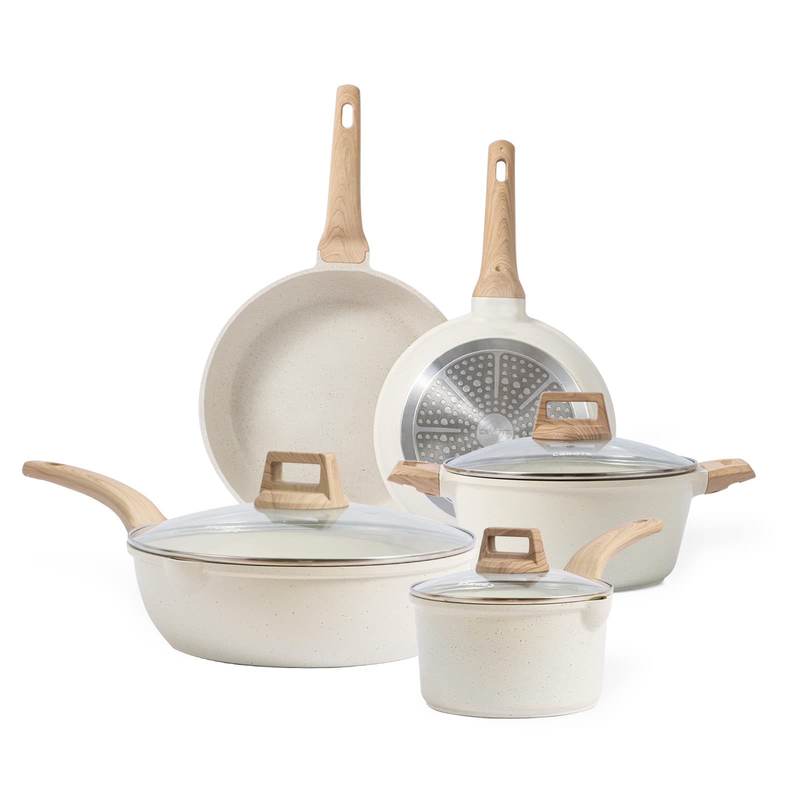 CAROTE 8-Piece Nonstick Pots and Pans Set - White Granite Induction Cookware, PFOS & PFOA Free Kitchen Essentials with Frying Pans & Saucepans - Perfect for Sauteing, Frying, Boiling & Everyday Cooking