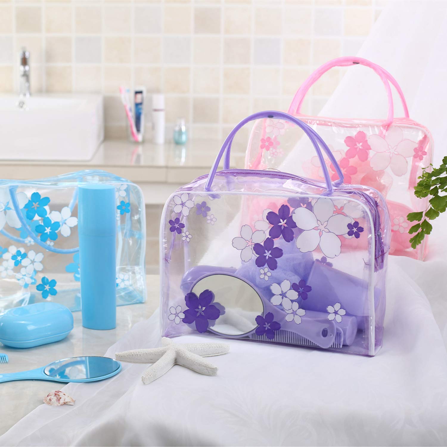 Clear Cosmetic Bag with Flower Design - Waterproof Plastic Zipper Pouch for Travel Toiletries | Portable Makeup Organizer with Handle | Perfect for Gym, Vacation & Daily Essentials Storage