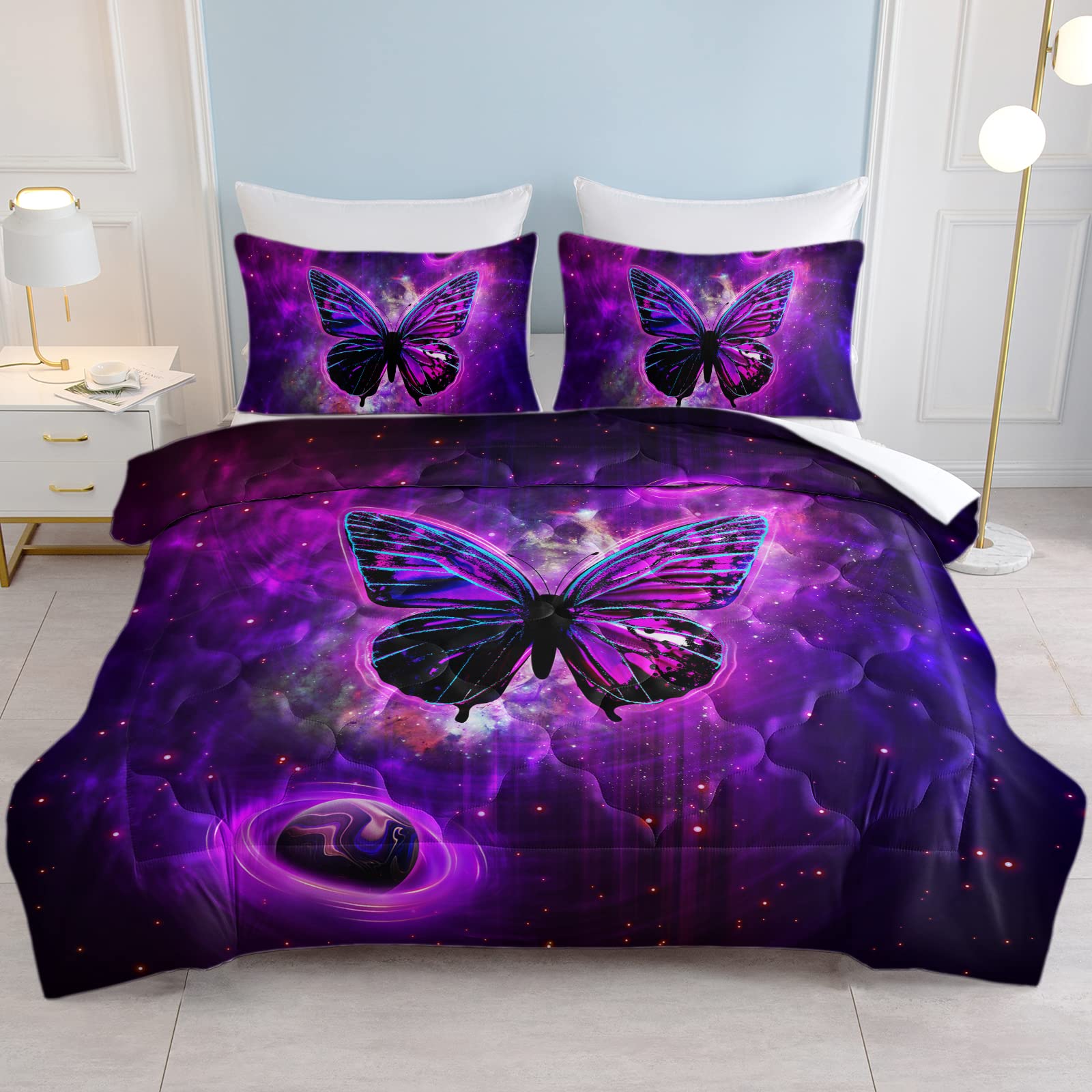 SOULZZZ Twin Size Neon Butterfly Comforter Set - Purple Galaxy Print Bedding with 2 Pillow Shams | Soft & Vibrant Teen Girls Room Decor for Bedroom, Dorm, Sleepover Party