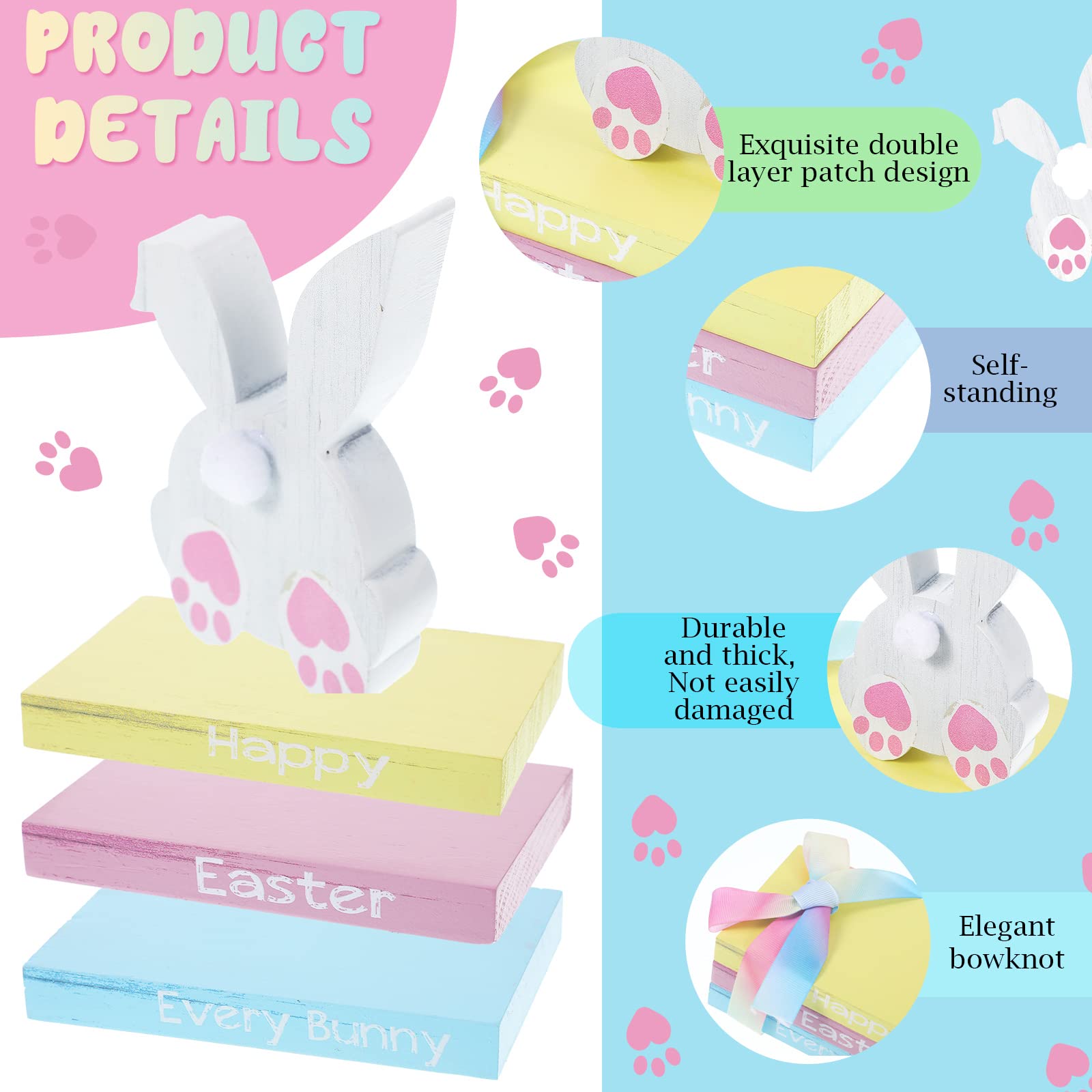 4-Piece Easter Table Decor Set - Happy Easter Bunny Wooden Signs, Farmhouse Wooden Blocks, Rustic Spring Decor for Tiered Trays, Fireplace & Living Room - Perfect for Easter Party, Home & Farmhouse Decorations