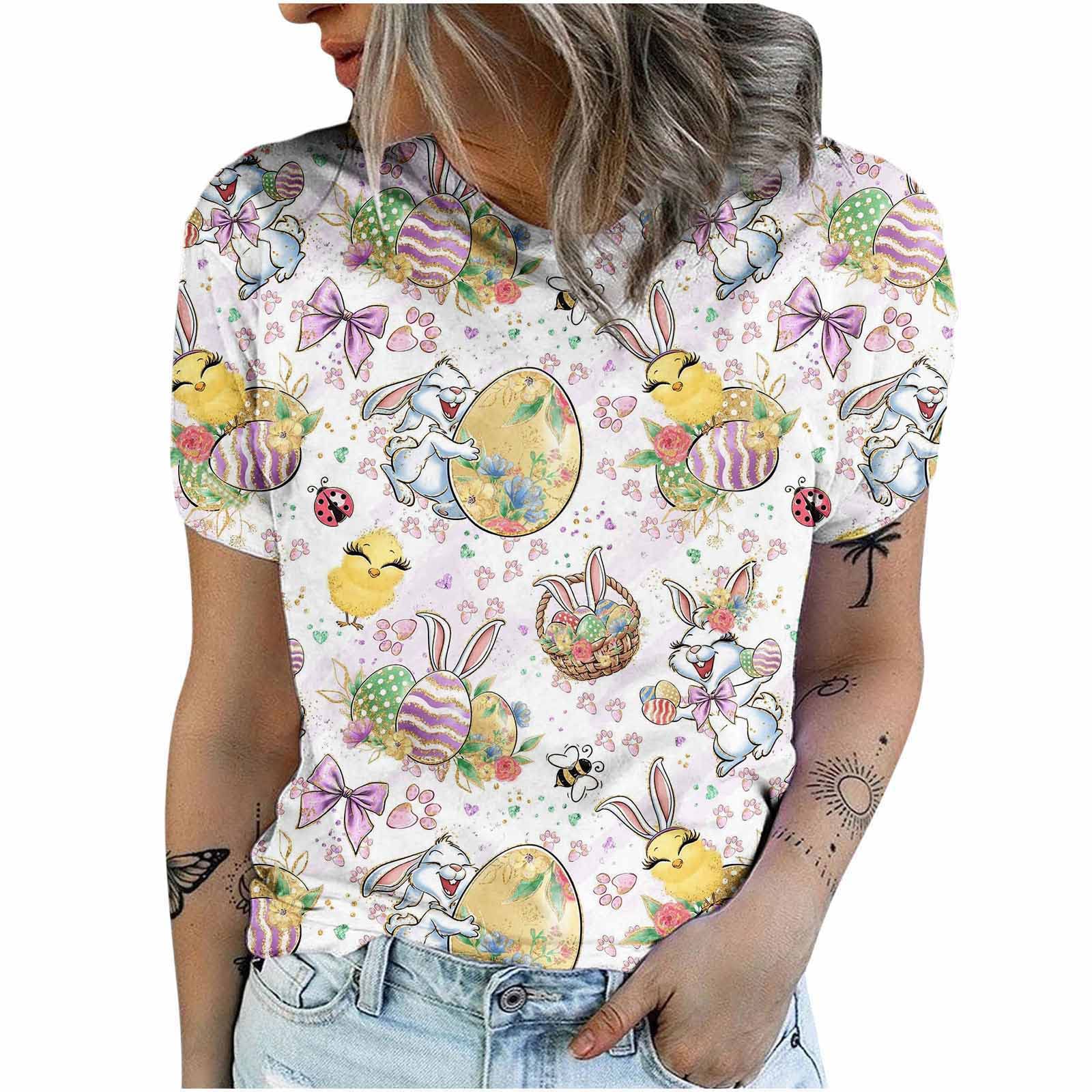 Funny Rabbit Print Women's Easter Graphic Tee - Cute Casual Short Sleeve Crewneck Blouse for Summer | Perfect for Easter Celebrations, Spring Outings & Casual Wear