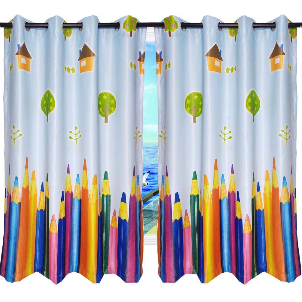 MYRU 1 Pair Kids Room Darkening Curtains - Colorful Pencil Design Blackout Curtains for Children's Bedroom & Nursery (39x63 Inch, Set of 2 Panels) - Perfect for Daytime Naps, Playrooms & Toddler Bedroom Decor