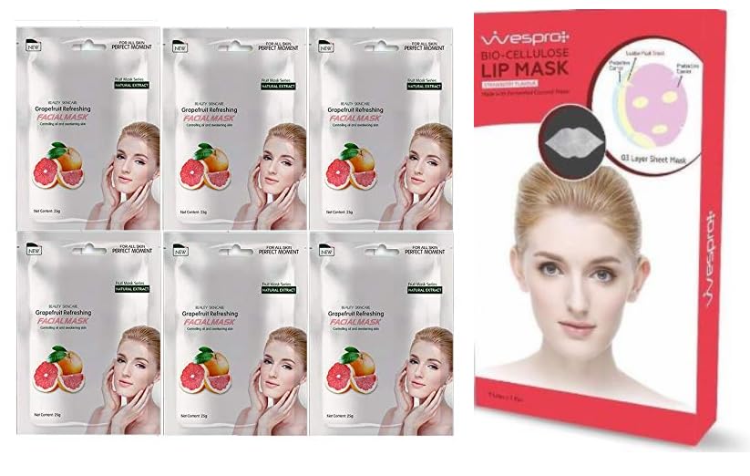 MOND'SUB Grape Fruit Face Sheet Mask - Pack of 6 (25g Each) with Free Wespro Bio-Cellulose Lip Mask (5 Pack) | Hydrating & Brightening Skincare for Daily Use & Spa Nights