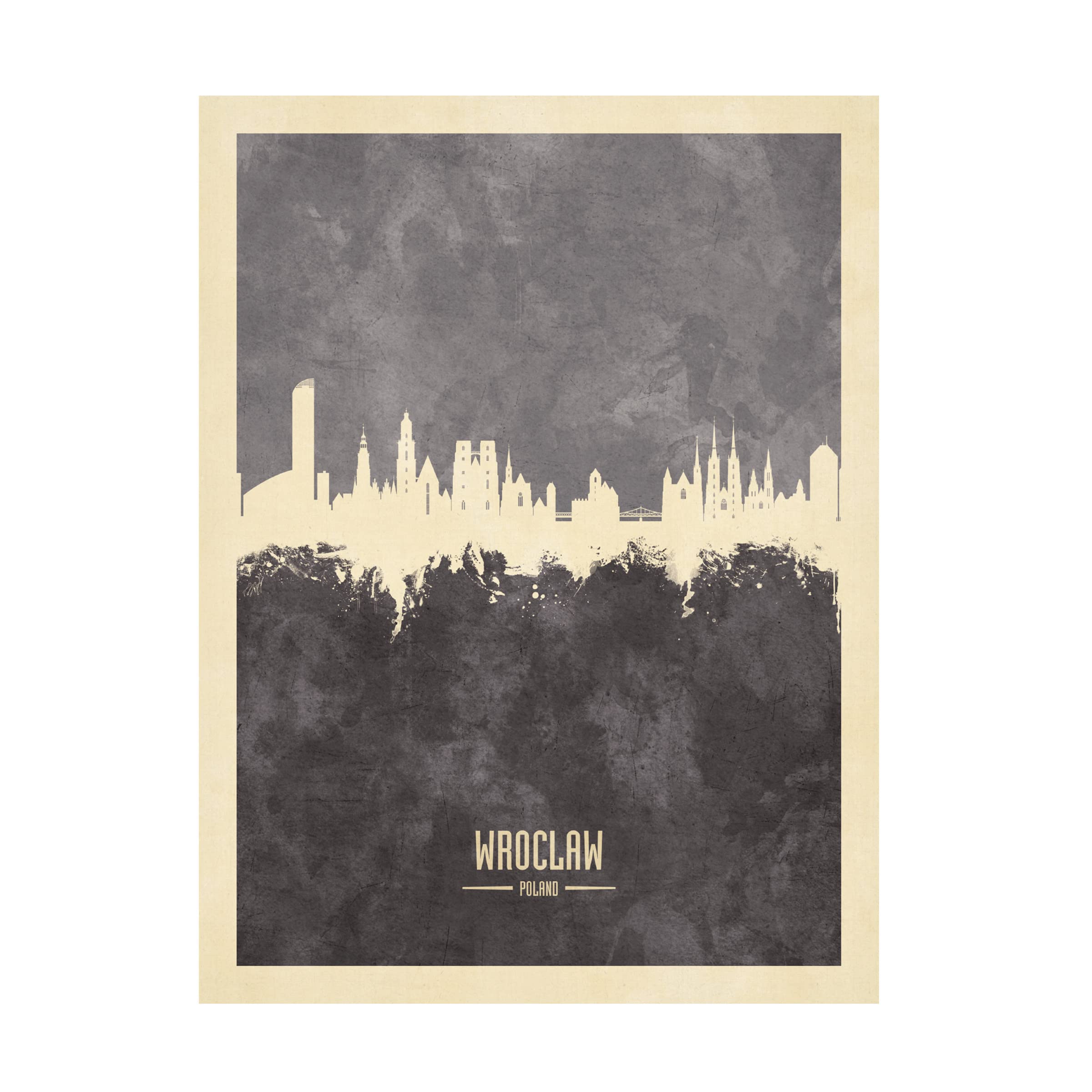 Michael Tompsett 'Wroclaw Poland Skyline Gray' Canvas Wall Art Print - Modern Cityscape Home Decor for Living Room, Office & Bedroom