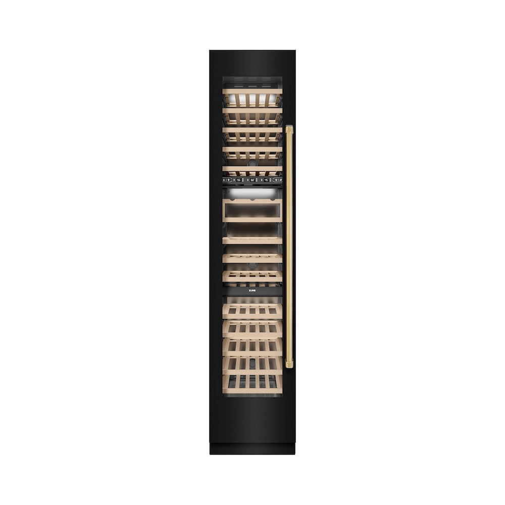 ZLINE Autograph Edition 18 Inch 9.0 Cubic Feet Triple Zone 68 Bottle Left Hinge Column Wine Cooler - Black Stainless Steel with Polished Gold Accents (RCWVLZ BS 18 G) - Perfect for Home Bars, Wine Cellars, and Entertaining Spaces
