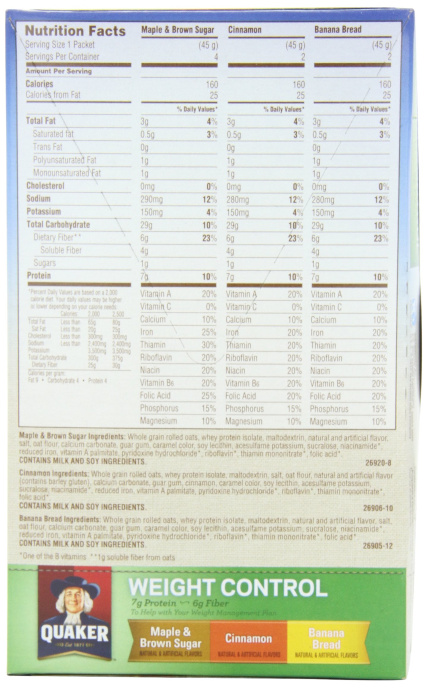 Quaker Instant Oatmeal Weight Control Variety Pack - 12.6oz (4 Boxes, 8 Packets Each) | High Fiber Breakfast Cereal for Weight Management | Perfect for Busy Mornings, Office Snacks & Healthy Diet Plans