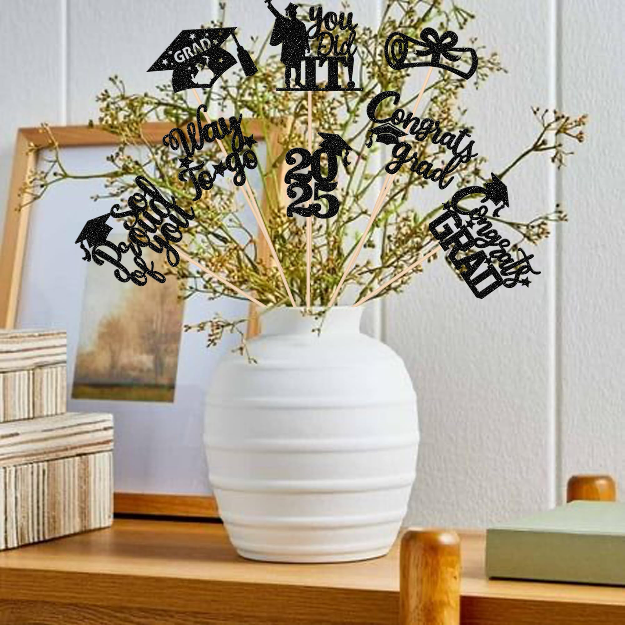 Rsstarxi 16 Pack Graduation Centerpieces 2025 - Double Sided Glitter Class of 2025 Table Toppers - So Proud of You Congrats Grad Decorations - Perfect for High School & College Graduation Parties, Ceremonies & Photo Backdrops (Black)