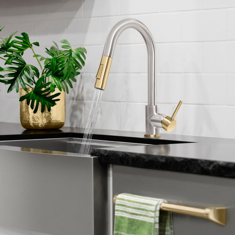 ZLINE Autograph Edition Gemini Pull Down Single Handle Kitchen Faucet in Brushed Nickel & Champagne Bronze - High Arc Modern Design for Easy Cleaning | Perfect for Farmhouse, Commercial & Home Kitchens (GEM KF ZBNCB)