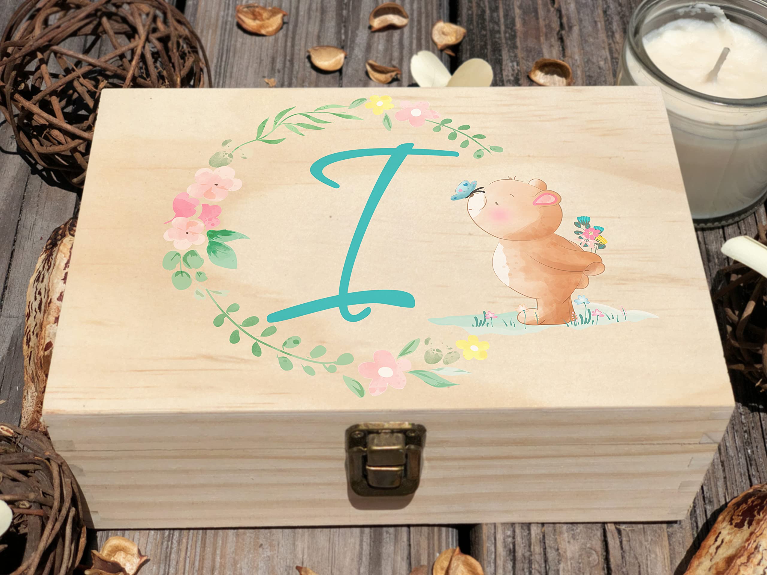 Personalized Baby Keepsake Box - Initial I Wooden Memory Box for Kids | First Christmas & Birthday Gift