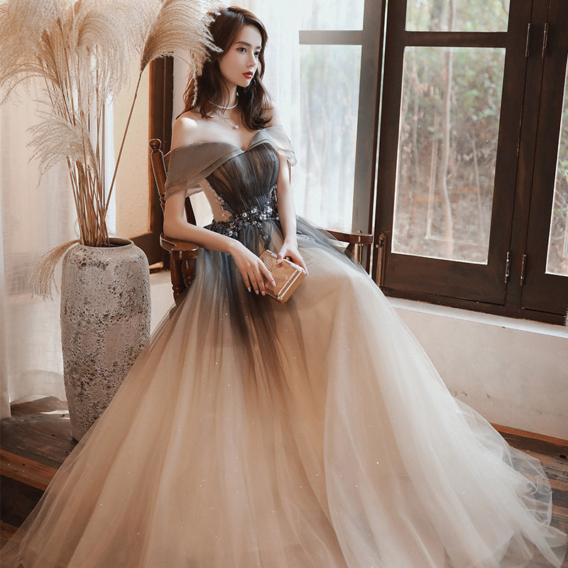 Gradient Coffee Off Shoulder Tulle Prom Dress - A-Line Long Evening Party Gown for Homecoming, Wedding, Quinceañera & Formal Events