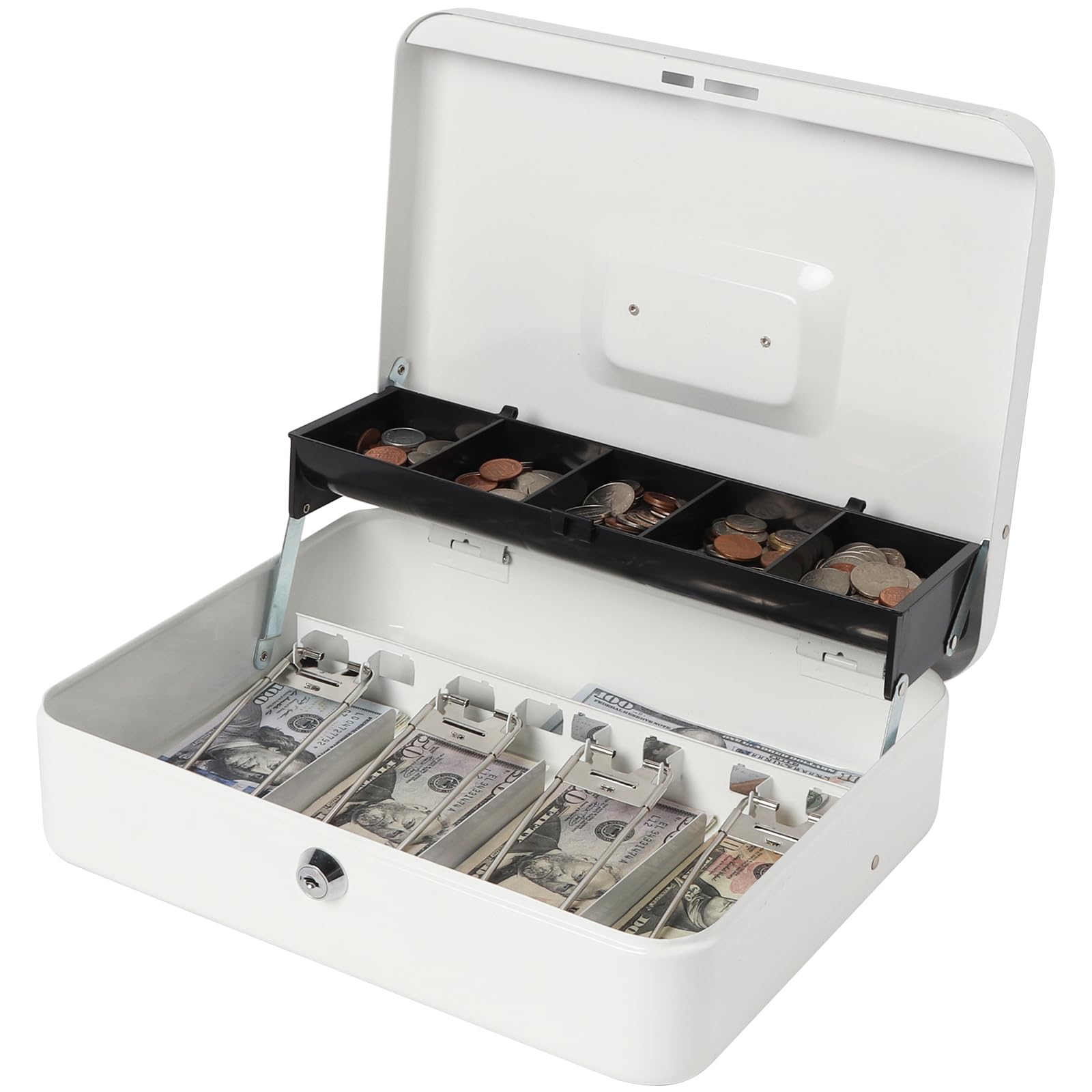 Jssmst Large Metal Cash Box with Key Lock & Money Tray - Secure Money Storage Box for Home, Office, Retail (White, SM-CB0504L) - Ideal for Cash Management, Small Business, and Personal Savings