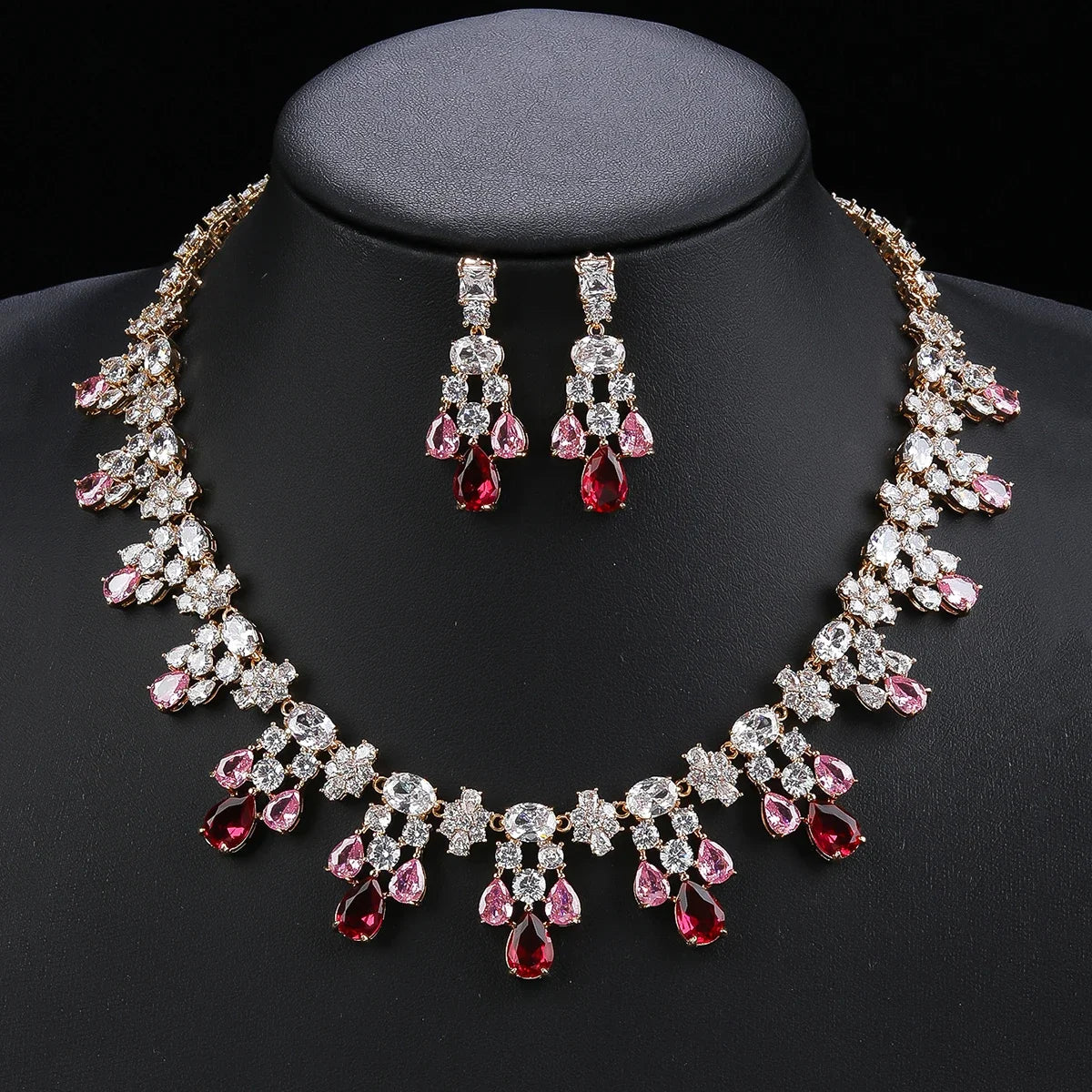 Luxury 2-Piece Cubic Zirconia Necklace & Earrings Set for Women - White, Red, Blue - Elegant Wedding, Party, and Evening Jewelry Set - Perfect for Bridal, Prom, and Formal Occasions