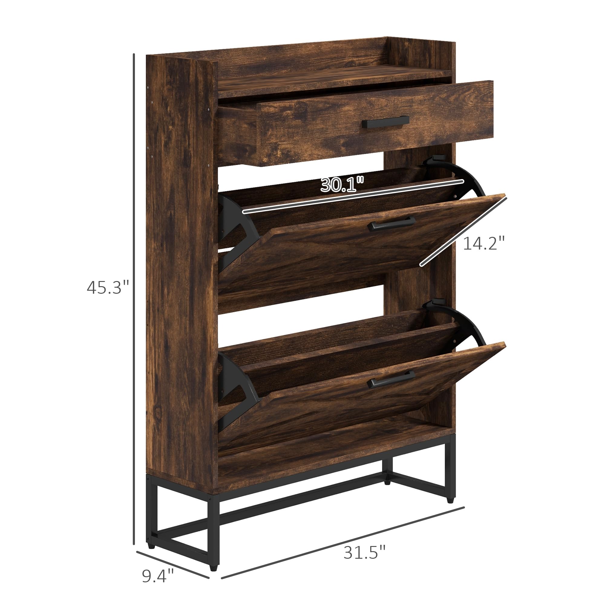 HOMCOM 12-Pair Narrow Shoe Storage Cabinet with Adjustable Shelves & 2 Flip Drawers - Farmhouse Style Entryway Shoe Organizer for Hallway, Closet, or Mudroom - Rustic Brown Wooden Shoe Rack for Small Spaces