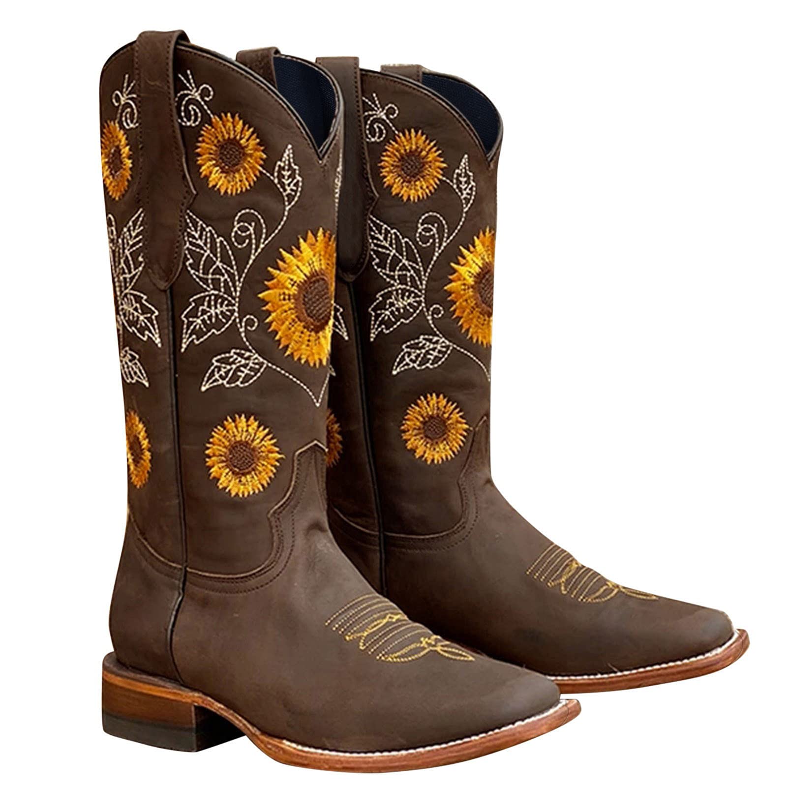 Masbird Women's Cowboy Boots - Western Cowgirl Knee High Boots with Chunky Heel & Pointed Toe | Pull On Design for Country Dancing, Rodeo & Fashion Outfits