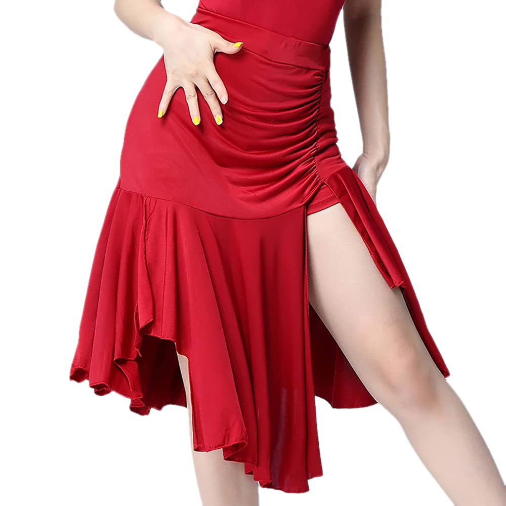Whitewed Slit Ruched Asymmetrical Latin Salsa Dance Practice Skirt - Women's Flared Performance Skirt for Latin, Ballroom, Salsa Dancing & Stage Shows - Perfect for Dance Classes, Performances & Competitions