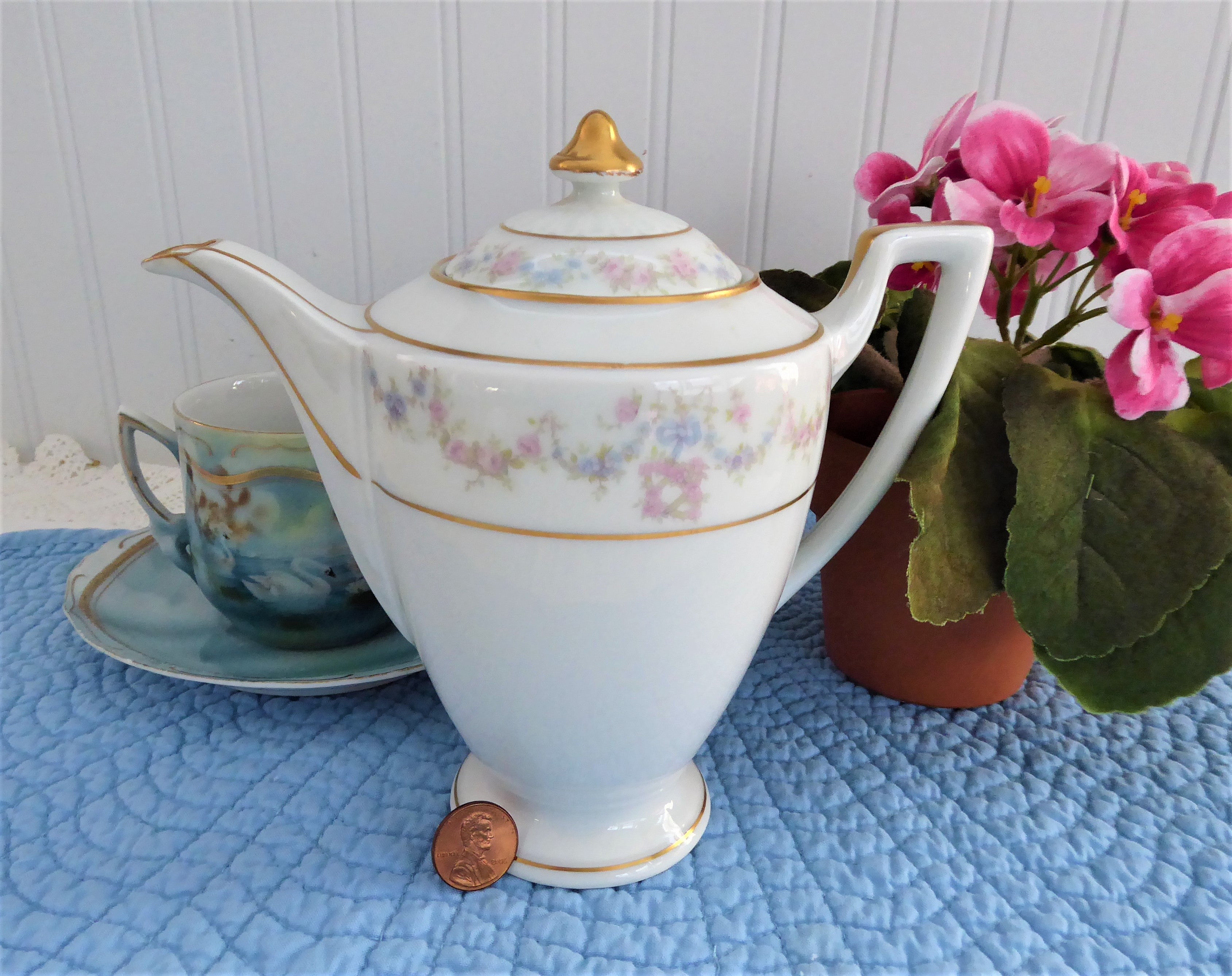 Antique Edwardian Chocolate Pot with Floral Swags & Blue Ribbon - Thomas Bavaria Porcelain Teapot - Perfect for Afternoon Tea, Victorian Tea Parties & Collectible Display