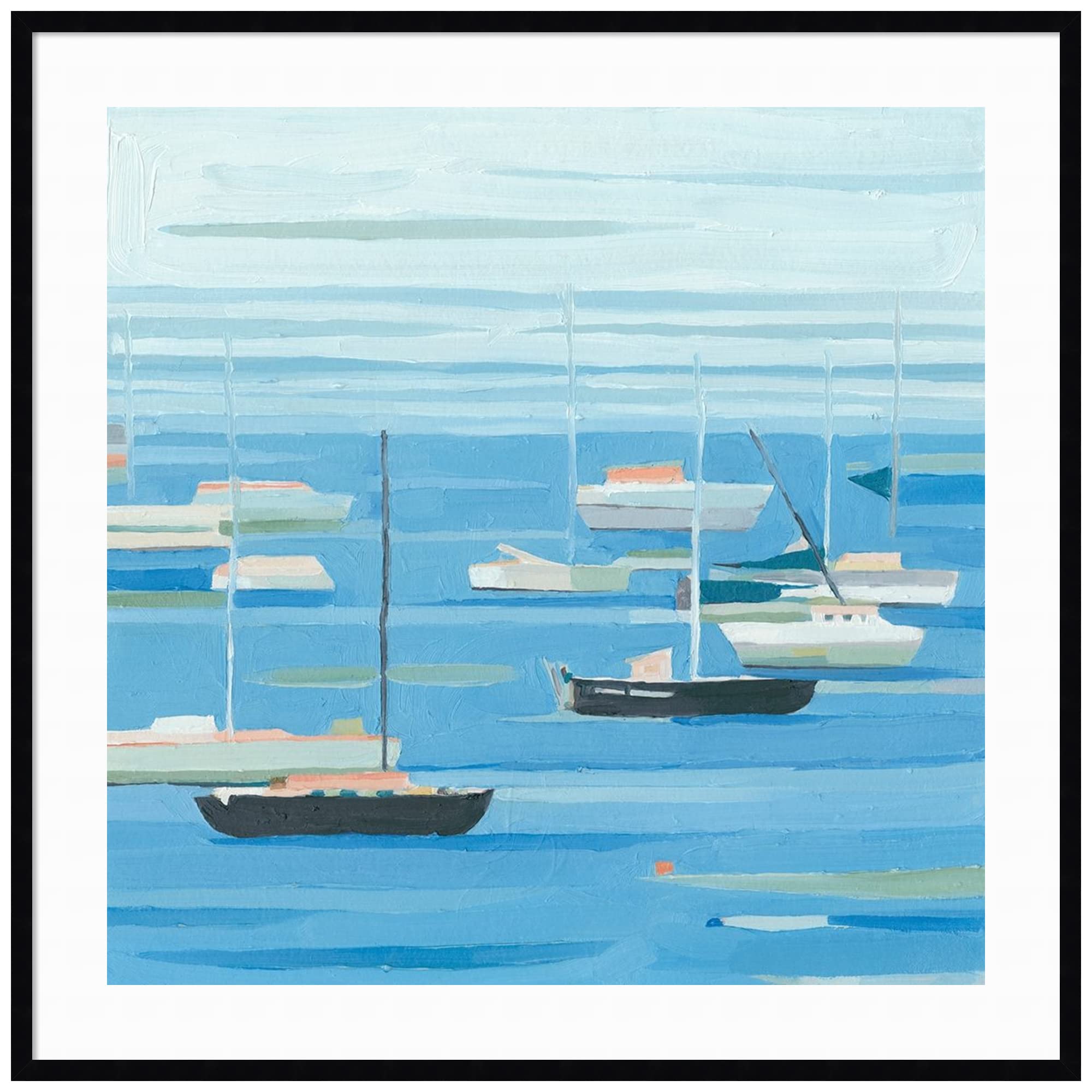Emma Scarvey Summer Regatta II Wood Framed Wall Art Print - 41x41 Inch Oversized Canvas Painting with Svelte Noir Black Frame - Perfect for Living Room, Bedroom & Office Decor