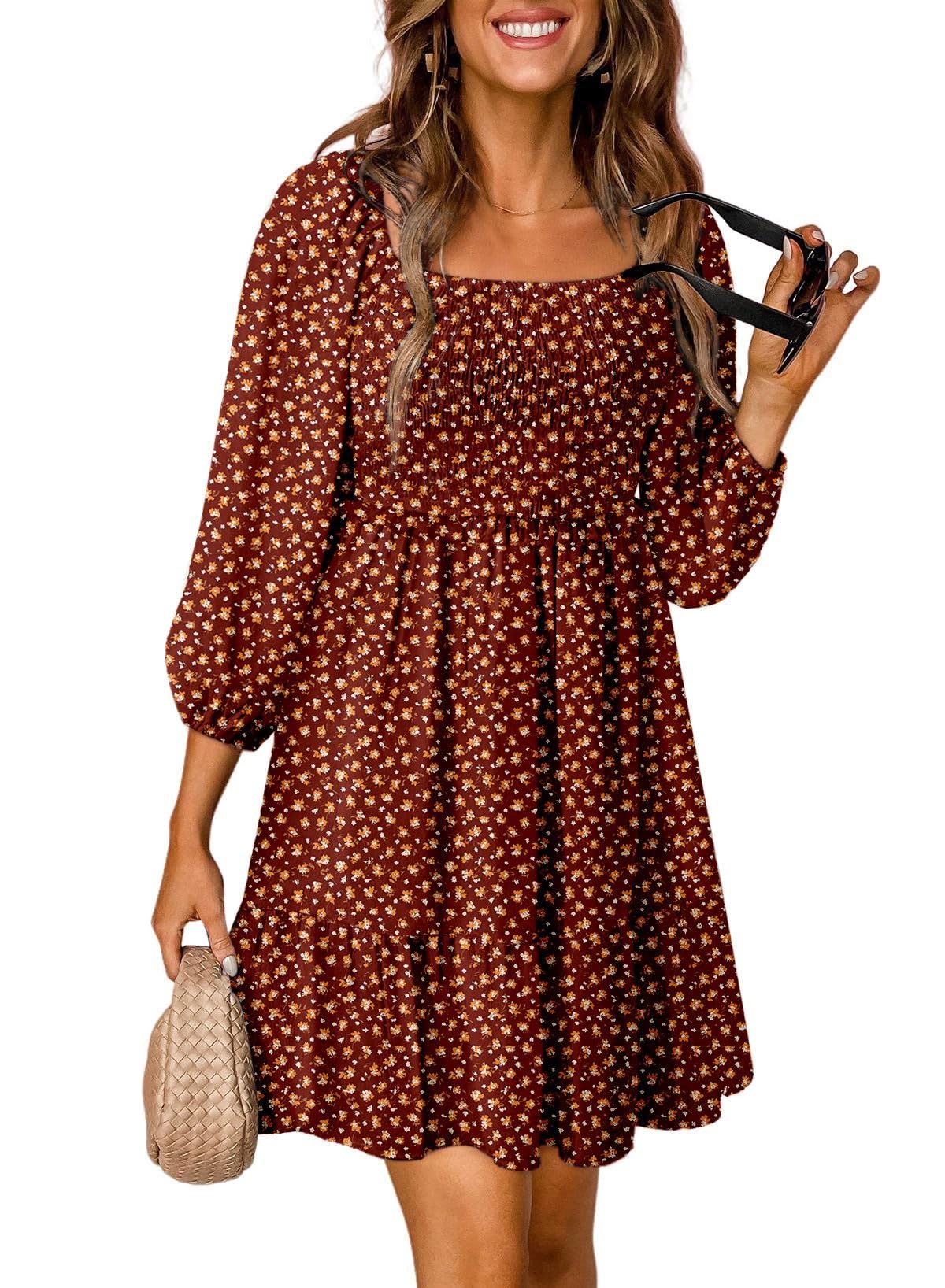 Dokotoo Women's 2025 Spring Boho Floral Square Neck Smocked 3/4 Sleeve A-Line Swing Mini Sundress - Casual Flowy Dress for Beach, Vacation & Summer Outings