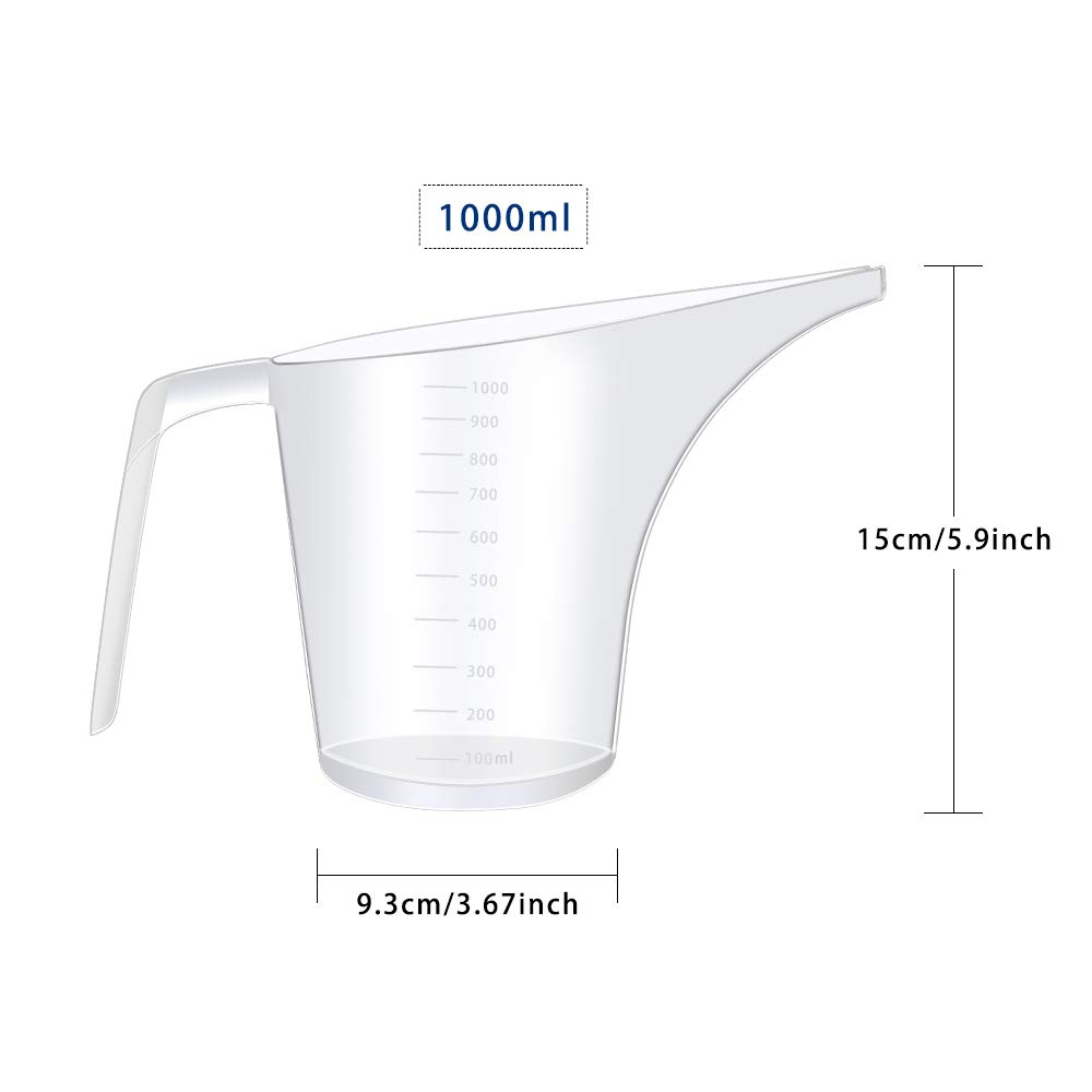 4 Pack Plastic Funnel Pitcher with Long Spout - 32oz (1000ml) Large Capacity Measuring Cup for Baking, Cooking & Soap Making - Perfect for Pancake Batter, Muffins, Cakes & DIY Crafts