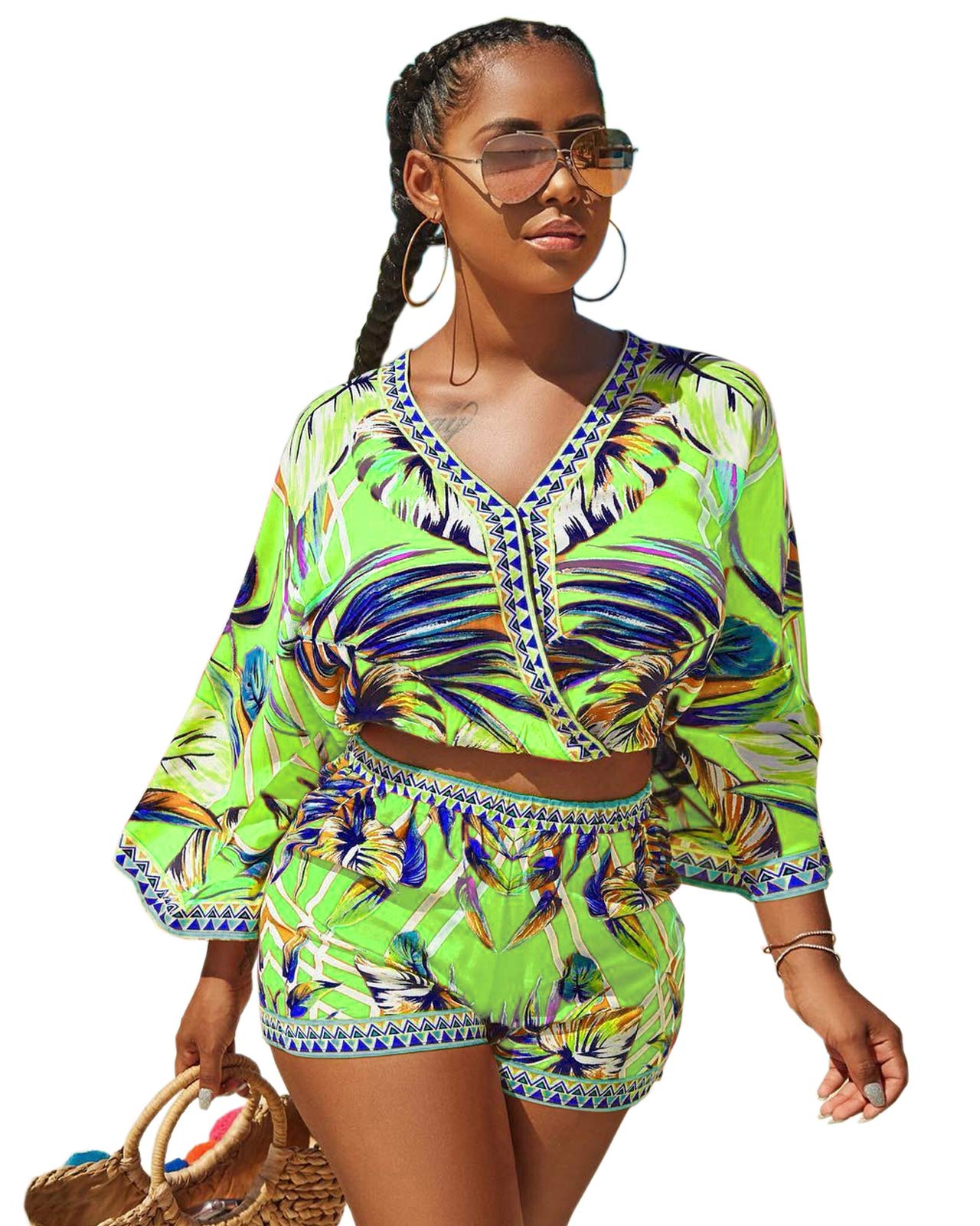 2 Piece Outfits for Women - Summer Boho Floral Print Crop Top & Shorts Set | Casual Beachwear, Vacation Outfit, Street Style Fashion