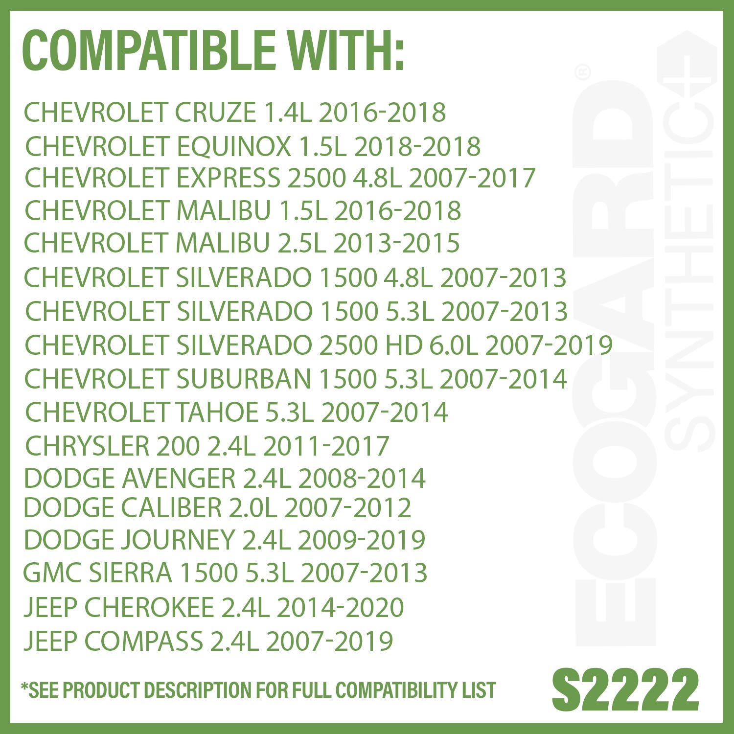 ECOGARD S2222 Premium Spin-On Engine Oil Filter for Synthetic Oil - Compatible with Chevrolet Silverado 1500 5.3L (2007-2013), Silverado 2500 HD 6.0L (2007-2019), Tahoe 5.3L (2007-2014), Malibu 2.5L (2013-2015) - Ideal for Oil Changes, Engine Protection & Extended Vehicle Life