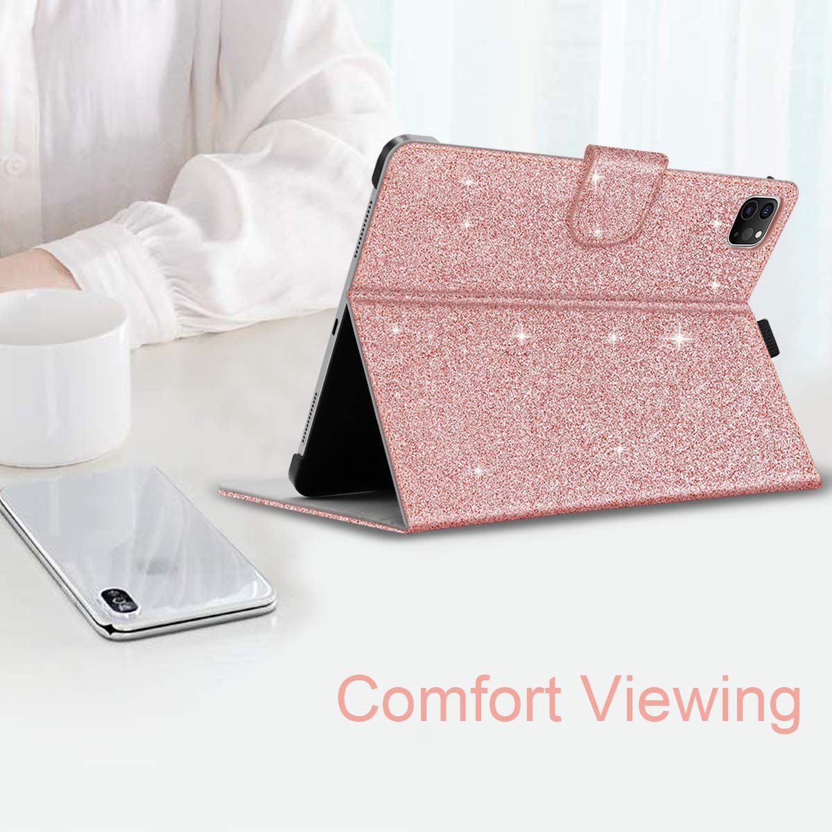 Premium Slim Glitter Sparkle PU Leather Hard PC Stand Smart Cover Case for iPad Air 11 Inch (2024) & iPad Pro 11 Inch (2022/2021/2020/2018) & iPad Air 10.9 Inch (6th/5th/4th Gen) - Rose Gold | Protective Stylish Cover for Work, School & Travel