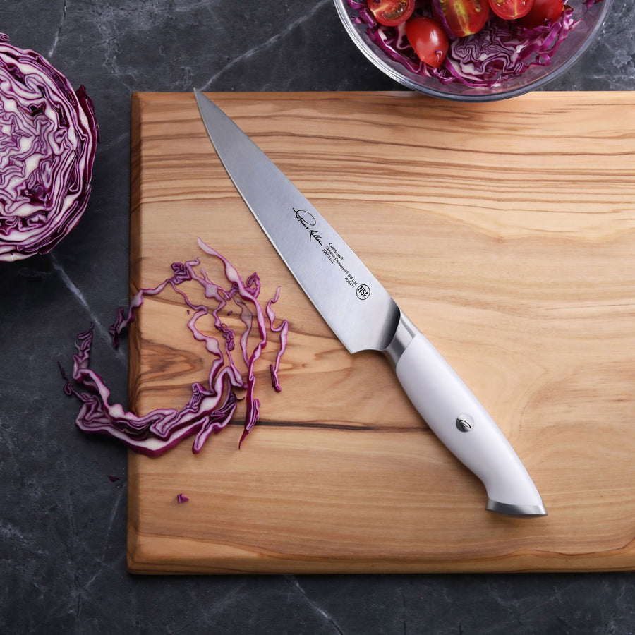 Cangshan TKSC White Series 7-Inch Utility Knife - Swedish Damasteel RWL34 Powder Steel Forged Blade - Professional Kitchen Knife for Slicing, Chopping, and Food Prep