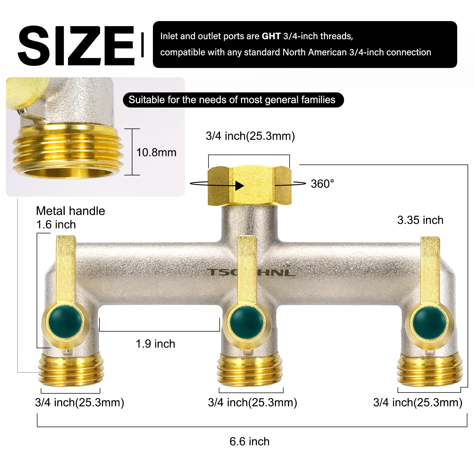 3-Way Garden Hose Splitter - Heavy Duty Brass Nickel Plated Faucet Diverter with 3 Extended Metal Handles, 3/4-Inch GHT Hex Female Inlet & Male Outlet - Perfect for Outdoor Watering, Sprinkler Systems & Multiple Hose Connections
