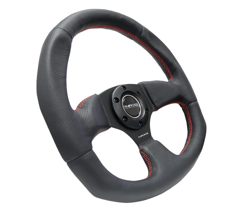 NRG Innovations NRG-RST-009R-RS Black Leather Steering Wheel with Red Stitch - High Performance Reinforced Racing Wheel for Drifting, Track & Street Use