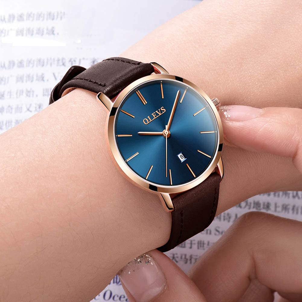 OLEVS Women's Waterproof Analog Quartz Watch - Ultra Thin Dark Brown Leather Strap with Date Calendar - Elegant Wristwatch for Everyday Wear, Office & Special Occasions - Perfect Gift for Women