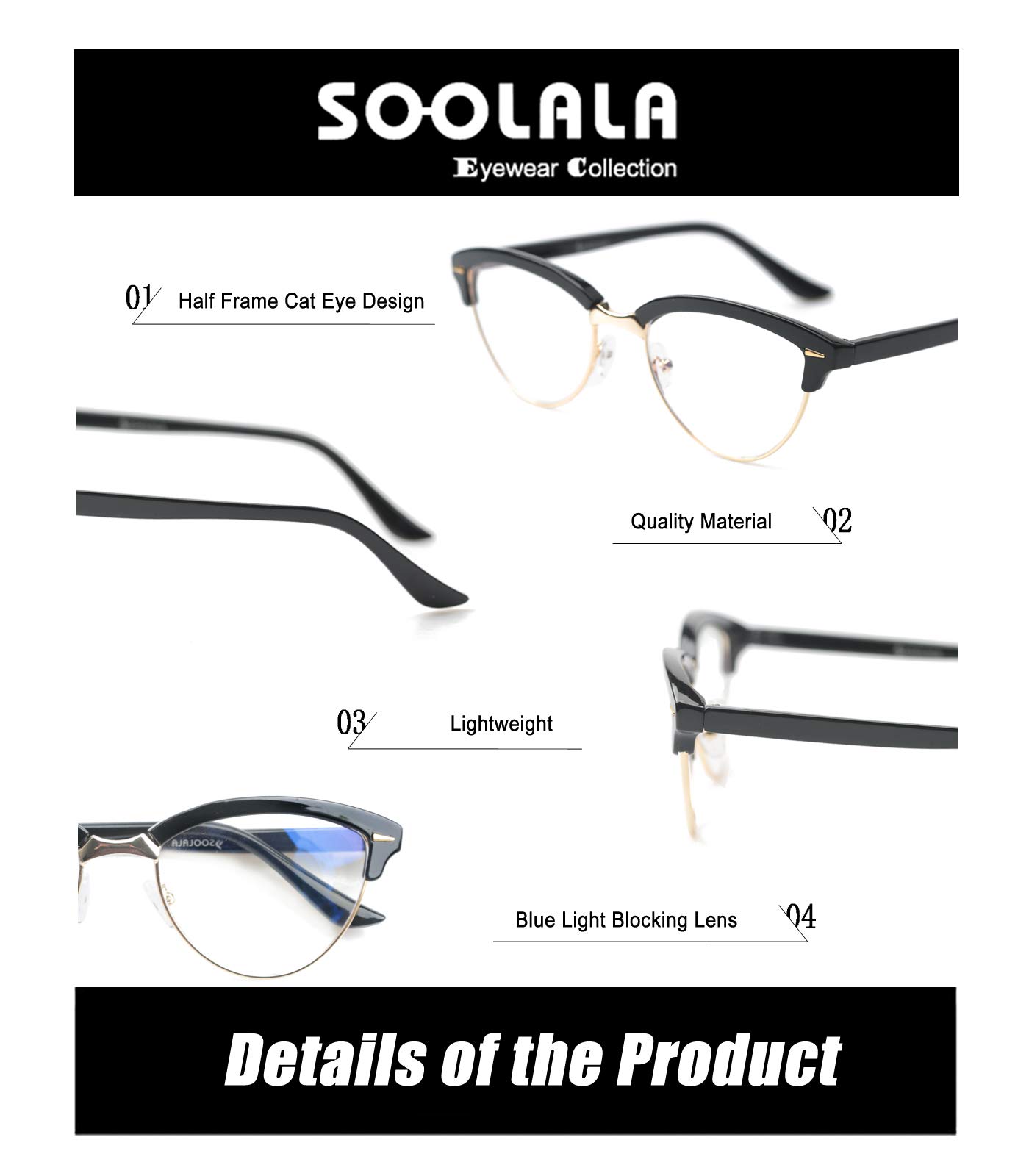 Blue Light Blocking Reading Glasses for Women - SOOLALA Half Frame Cat Eye Computer Glasses with Anti-UV Lenses - Perfect for Office Work, Screen Time & Digital Eye Strain Relief