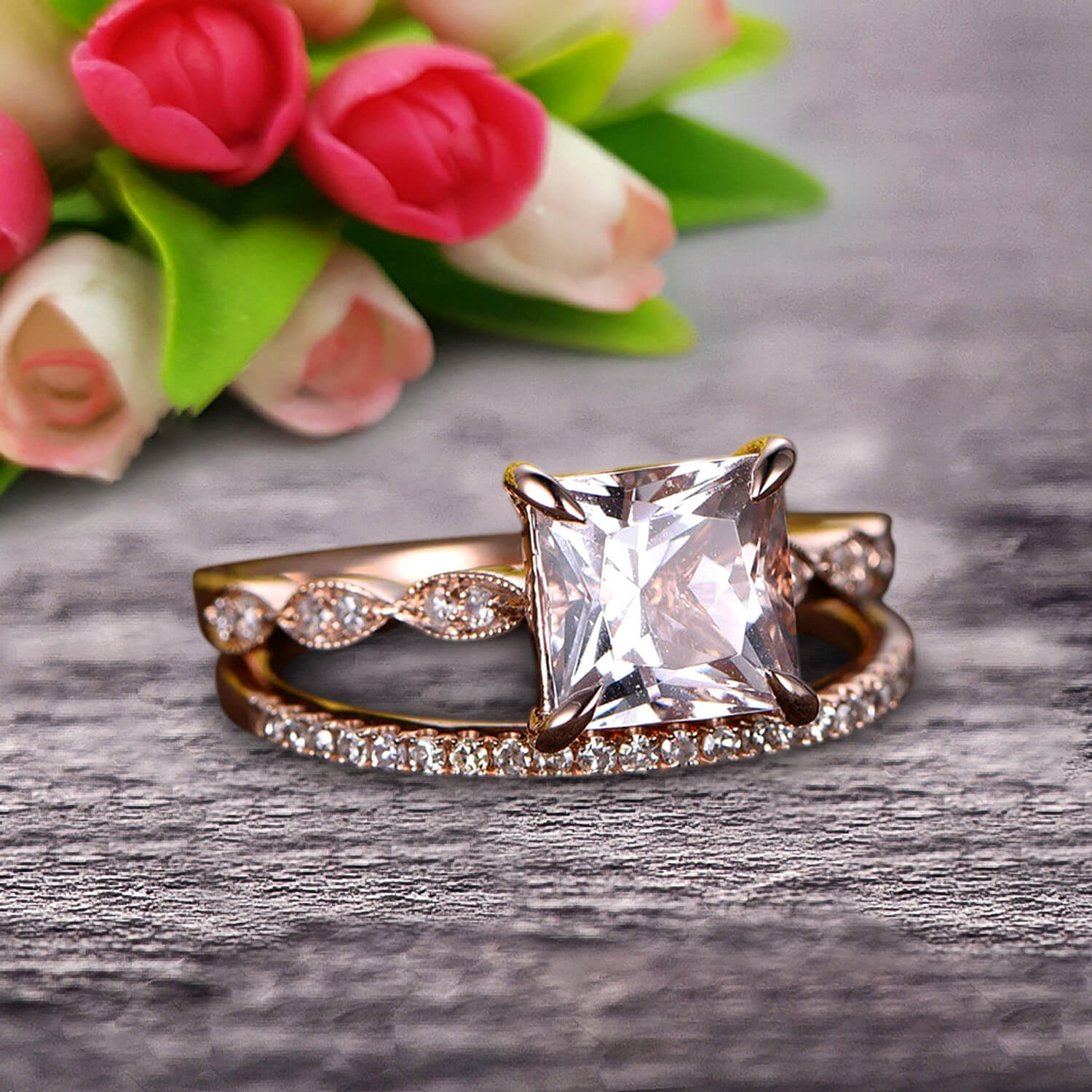 1.50 Carat Princess Cut Morganite 10k Rose Gold Engagement Ring & Wedding Band Set - Vintage Art Deco Stackable Bridal Jewelry for Proposals, Anniversaries & Special Occasions
