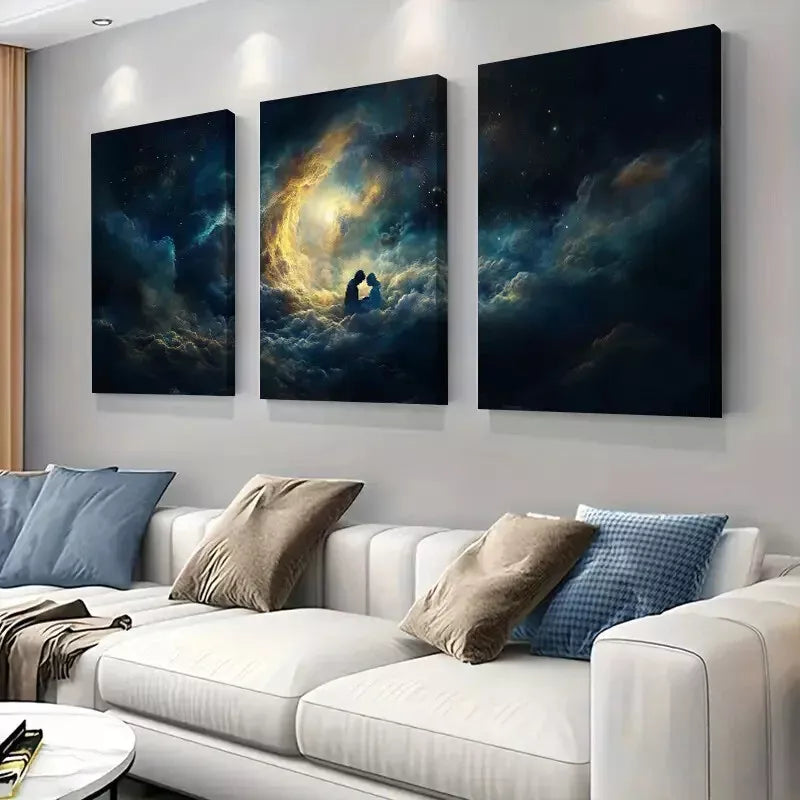 3pcs Romantic Lovers Clouds Dreamy Starry Night Art Set - Framed Canvas Wall Decor 50x70cm - High Quality Print - 100% Australian Made - Ready to Hang - Perfect for Bedroom, Living Room & Wedding Gift